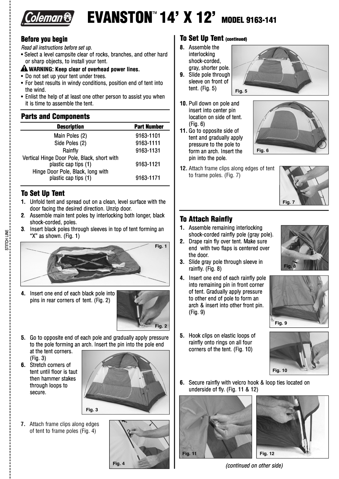 Coleman 9163-141 manual Before you begin, Parts and Components, To Set Up Tent continued, To Attach Rainfly, tent. Fig 