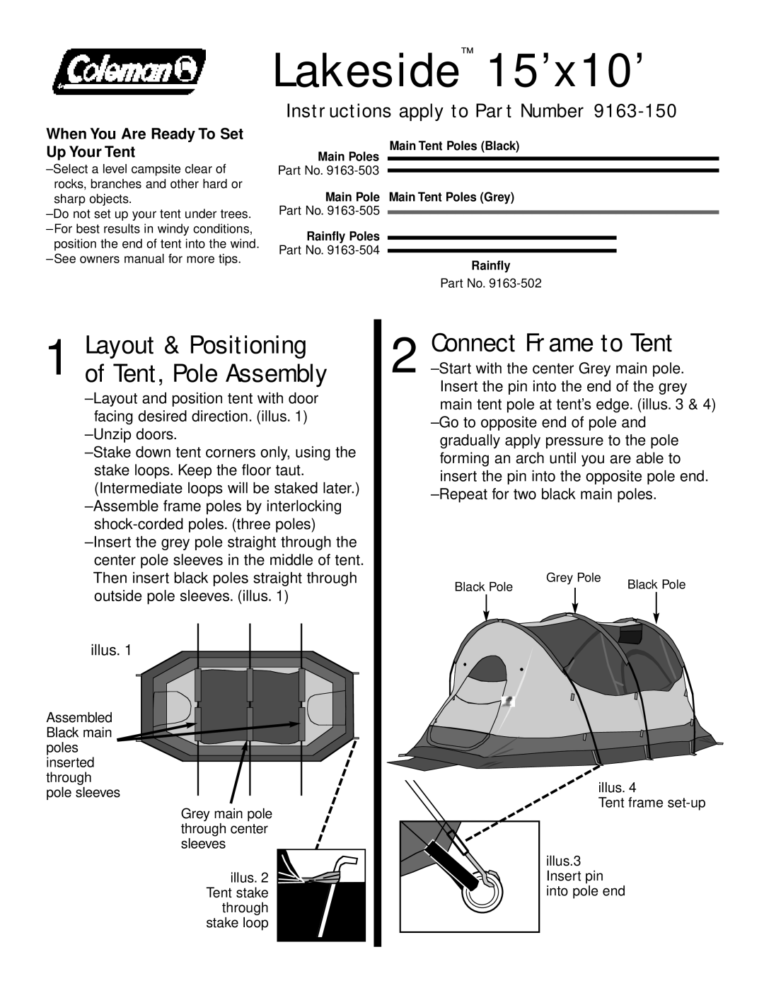 Coleman 9163-150 owner manual Lakeside 15’x10’, Connect Frame to Tent, Layout & Positioning of Tent, Pole Assembly 