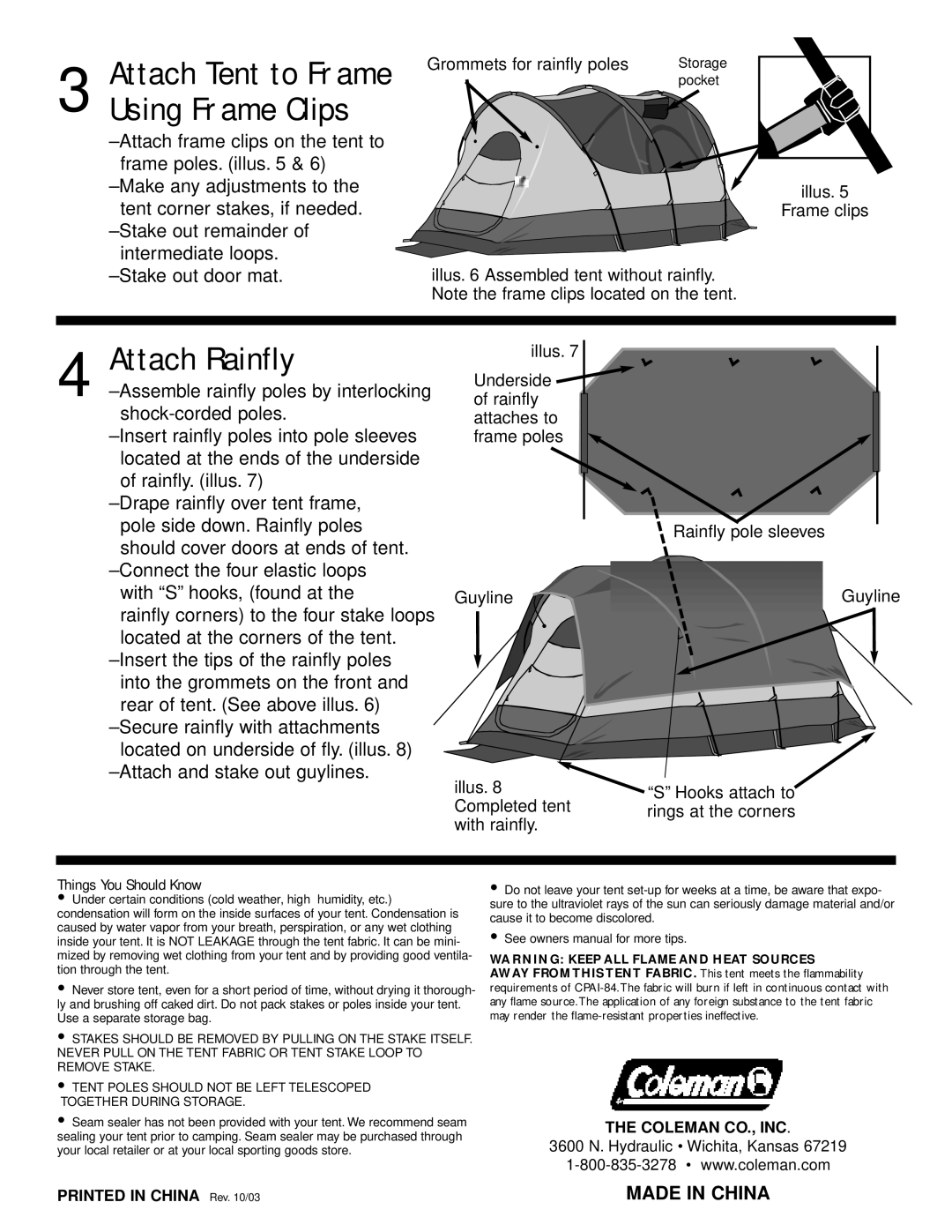 Coleman 9163-150 owner manual Attach Rainfly, Attach Tent to Frame Using Frame Clips 