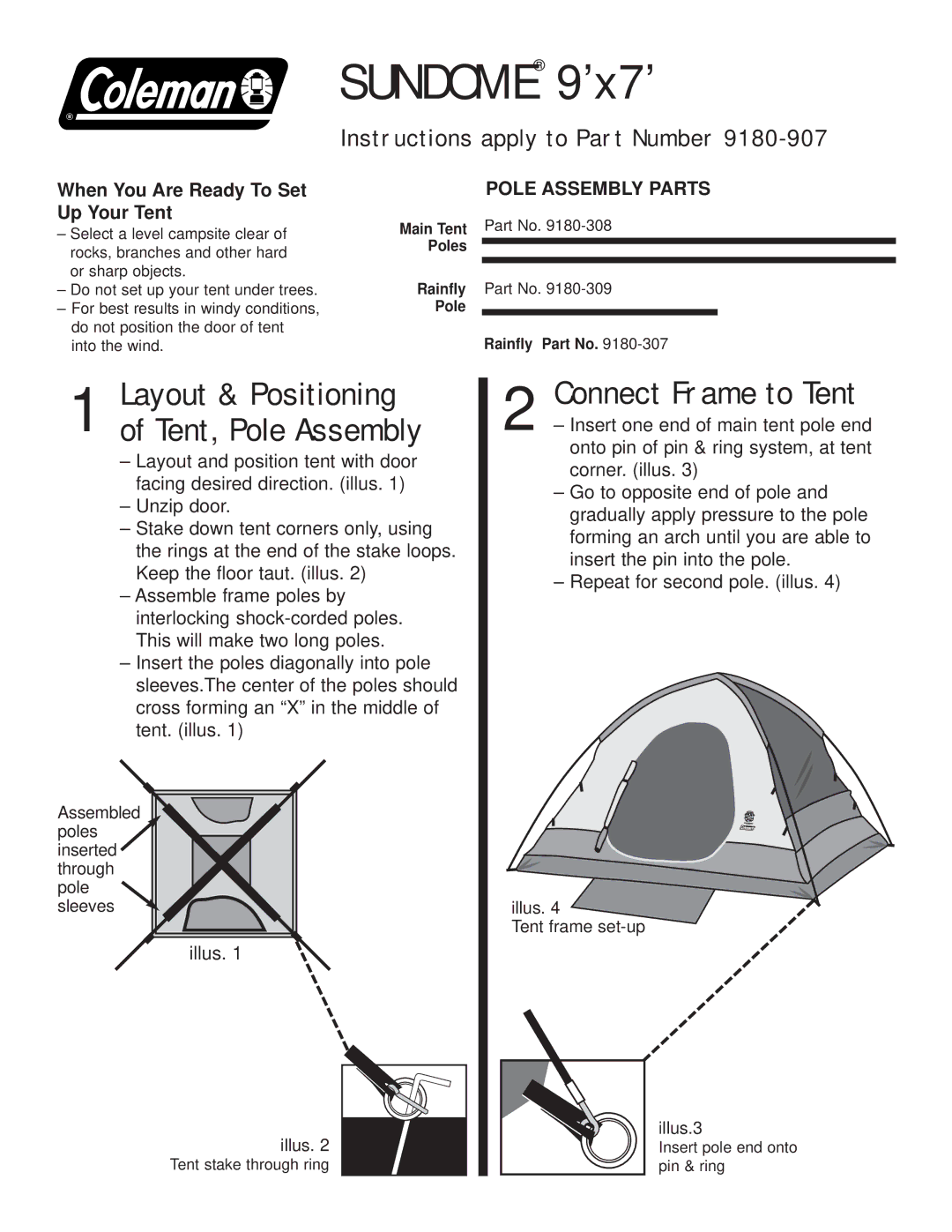 Coleman 9180-307, 9180-309 manual Sundome 9’x7’, Connect Frame to Tent, Layout & Positioning of Tent, Pole Assembly 