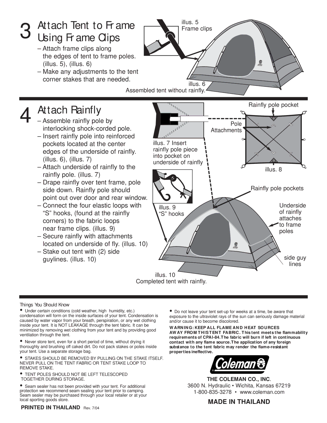 Coleman 9180-309, 9180-307 manual Attach Tent to Frame, Using Frame Clips, Attach Rainfly 