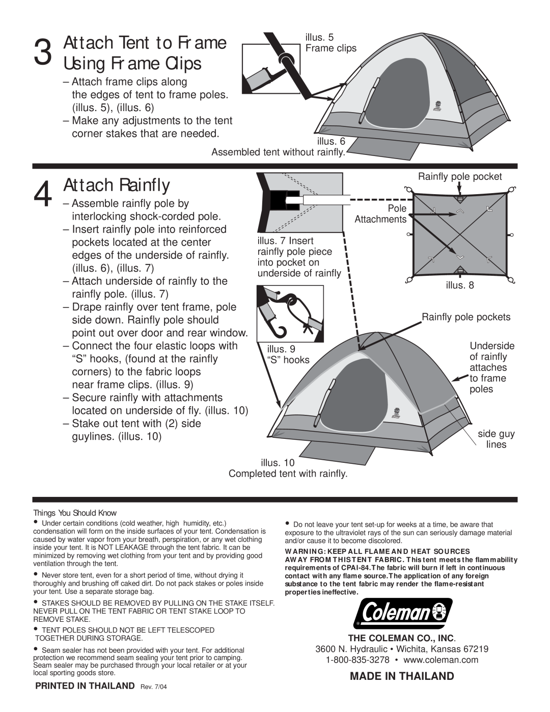 Coleman 9180-309, 9180-307 manual Attach Tent to Frame, Using Frame Clips, Attach Rainfly, Made In Thailand 
