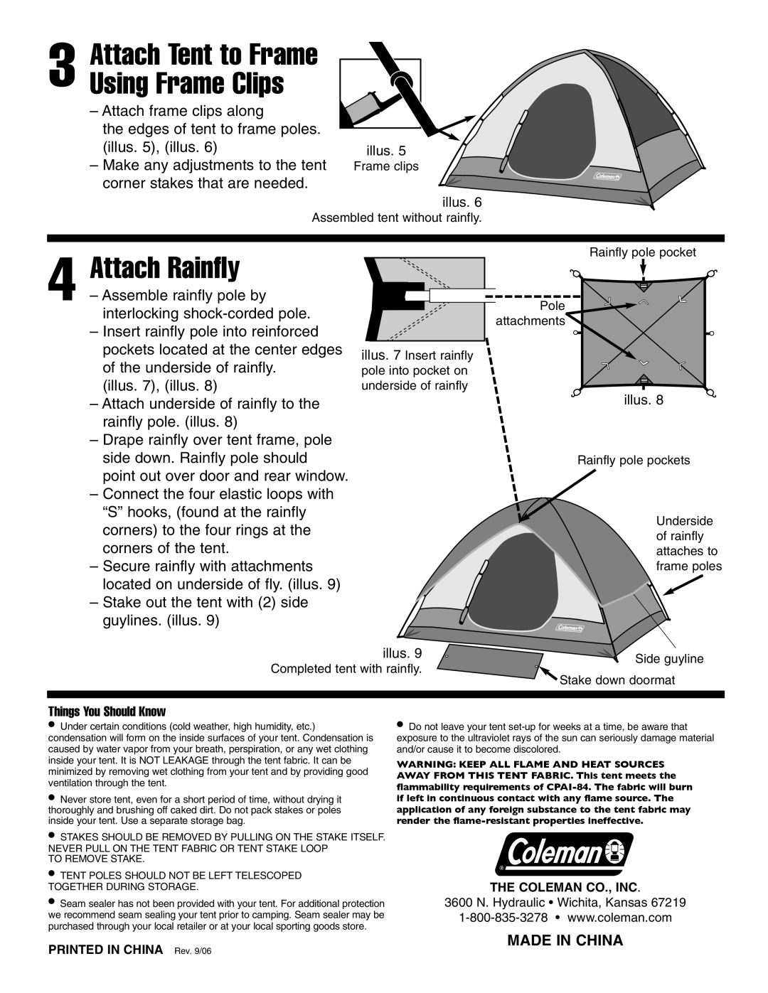 Coleman 9180B705 manual Attach Rainfly, Attach Tent to Frame Using Frame Clips, Things You Should Know 