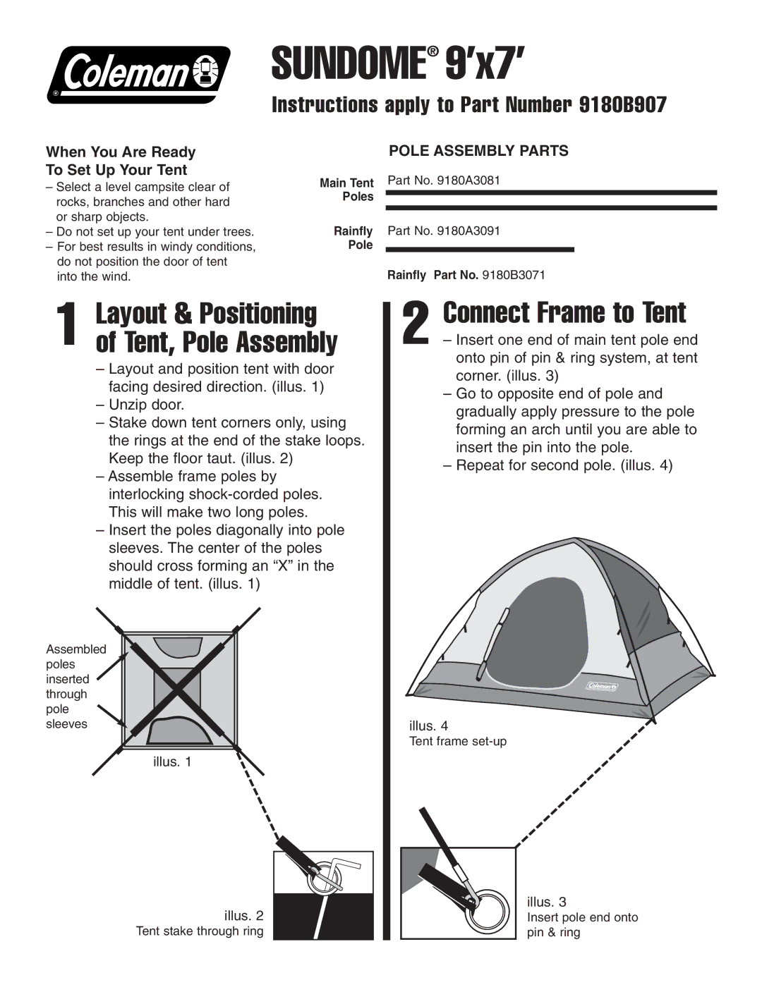 Coleman 9180B907 manual Sundome 9’x7’, Connect Frame to Tent, Layout & Positioning of Tent, Pole Assembly 