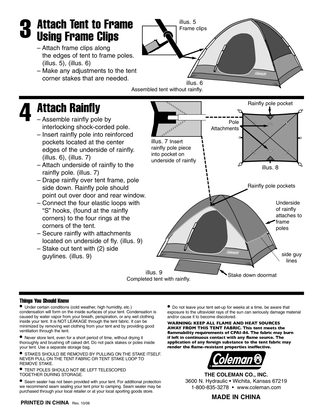 Coleman 9180B907 manual Attach Rainfly, Attach Tent to Frame Using Frame Clips, Things You Should Know 