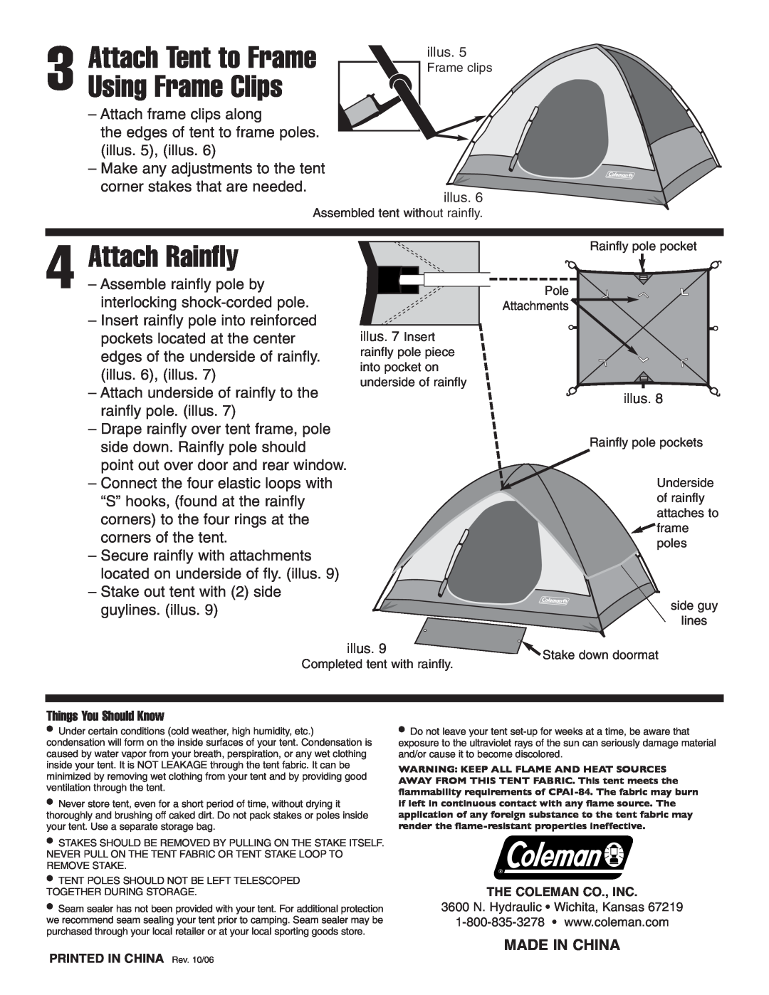 Coleman 9180B907 manual Attach Rainfly, Attach Tent to Frame Using Frame Clips, Made In China 