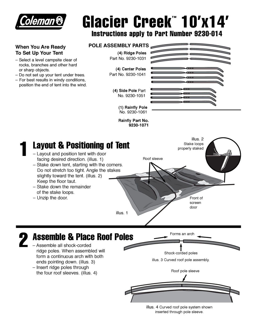 Coleman 9230-014 manual Glacier Creek 10’x14’, Layout & Positioning of Tent, Assemble & Place Roof Poles 