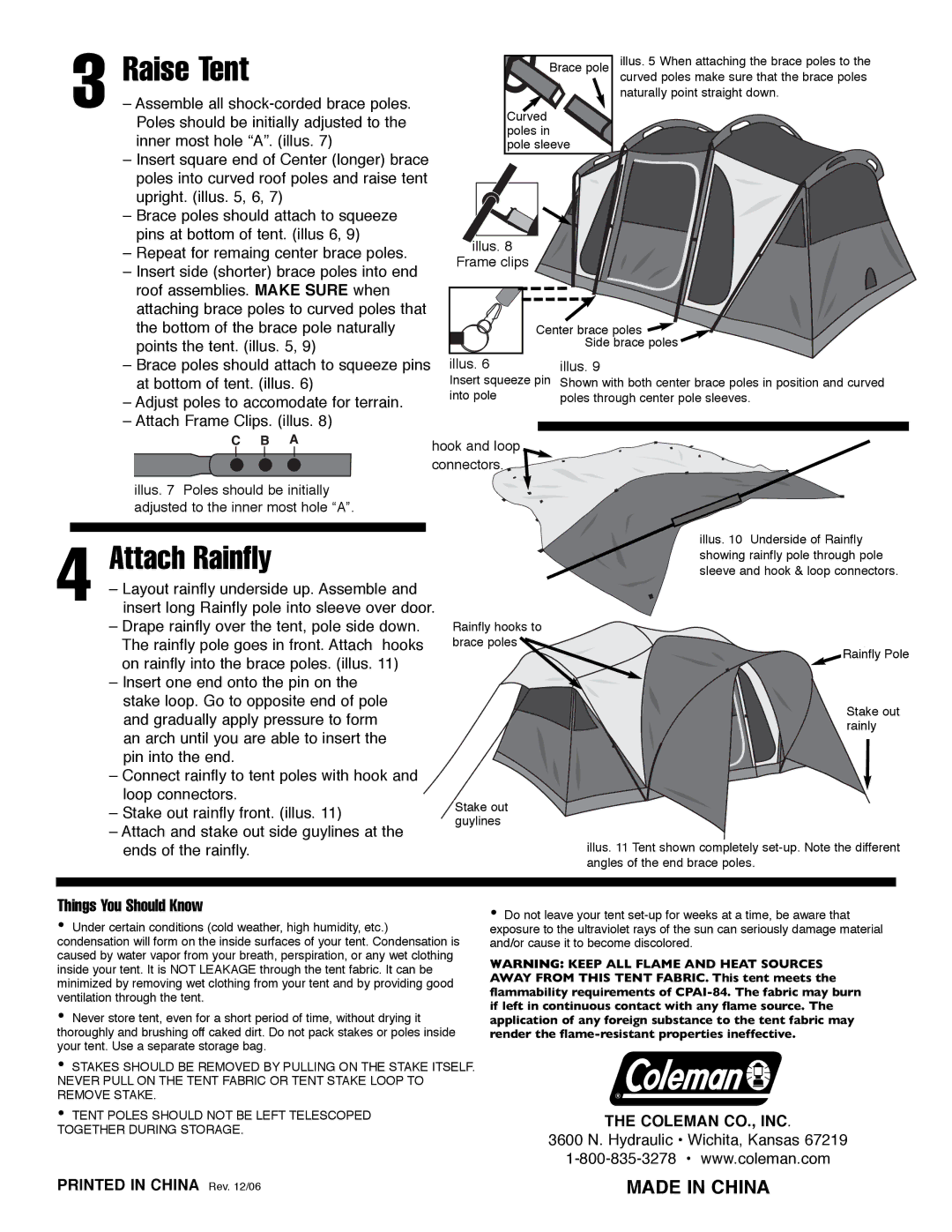 Coleman 9230-014 manual Raise Tent, Attach Rainfly, Things You Should Know, Illus Frame clips 