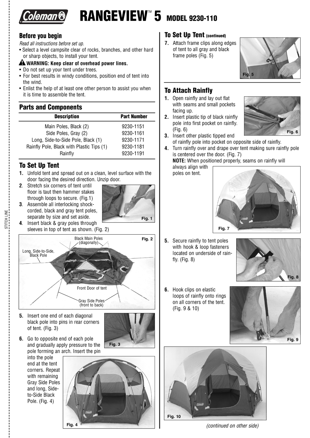 Coleman 9230-110 manual Before you begin, Parts and Components, To Set Up Tent, To Attach Rainfly 