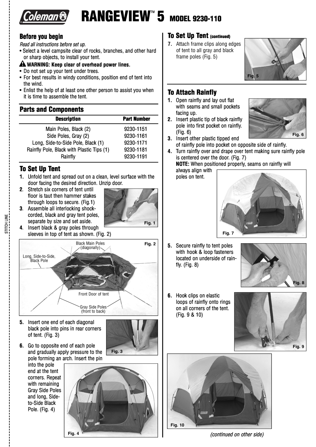 Coleman 9230-110 manual Before you begin, Parts and Components, To Set Up Tent continued, To Attach Rainfly 