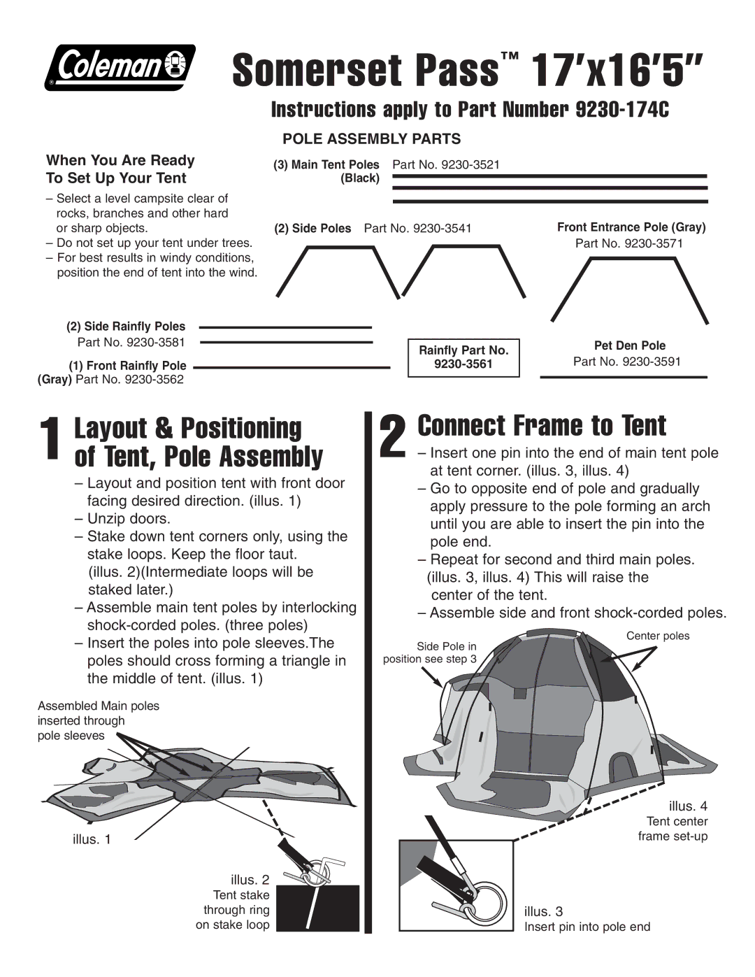 Coleman 9230-174c manual Somerset Pass 17’x16’5, Connect Frame to Tent, Layout & Positioning of Tent, Pole Assembly 