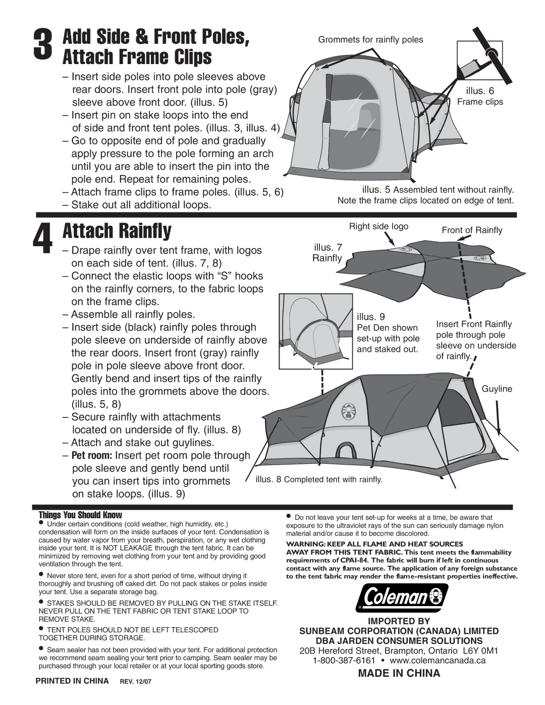 Coleman 9230-174c manual Add Side & Front Poles Attach Frame Clips, Attach Rainfly, Made in China 