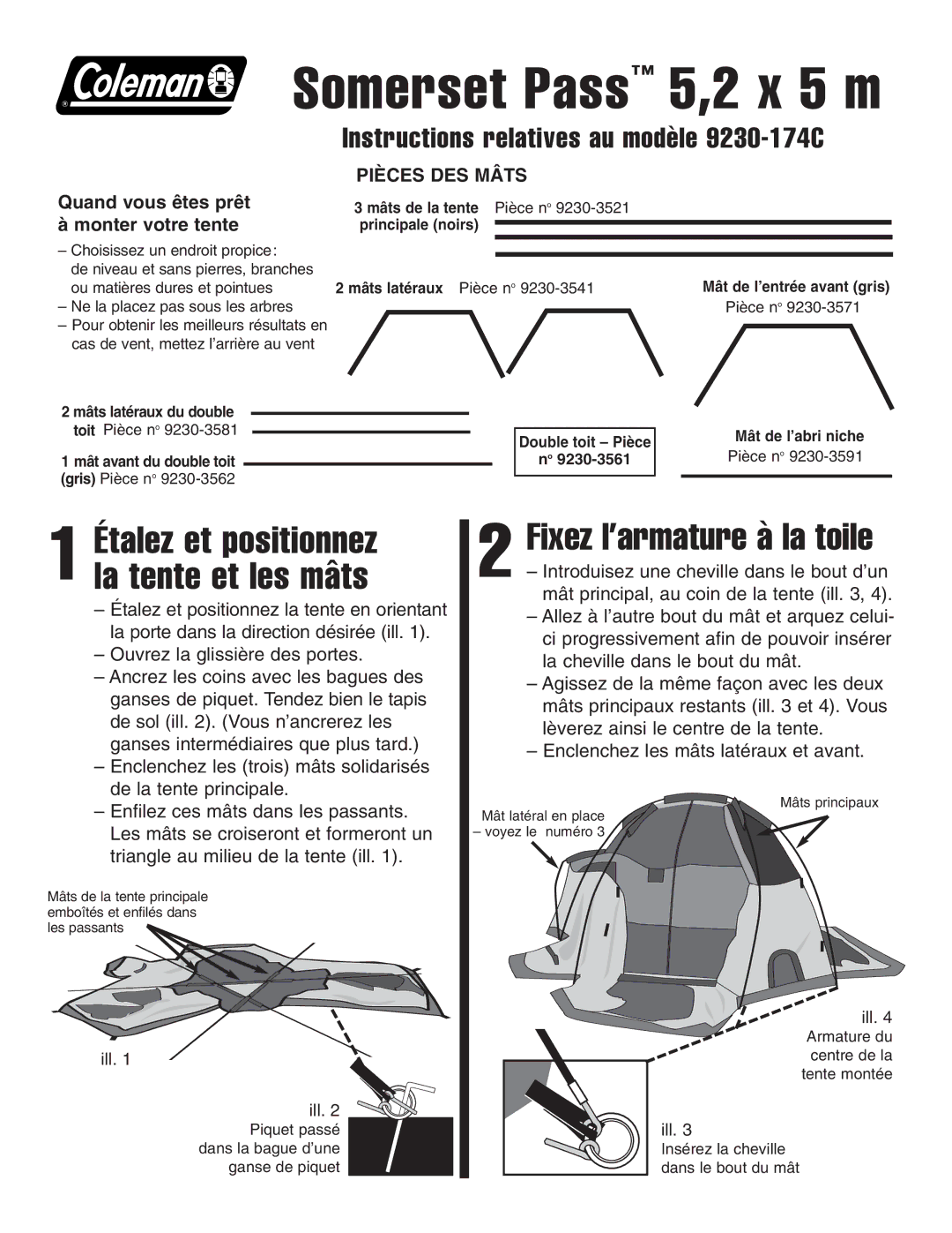 Coleman 9230-174c manual Somerset Pass 5,2 x 5 m, Fixez l’armature à la toile, Étalez et positionnez la tente et les mâts 