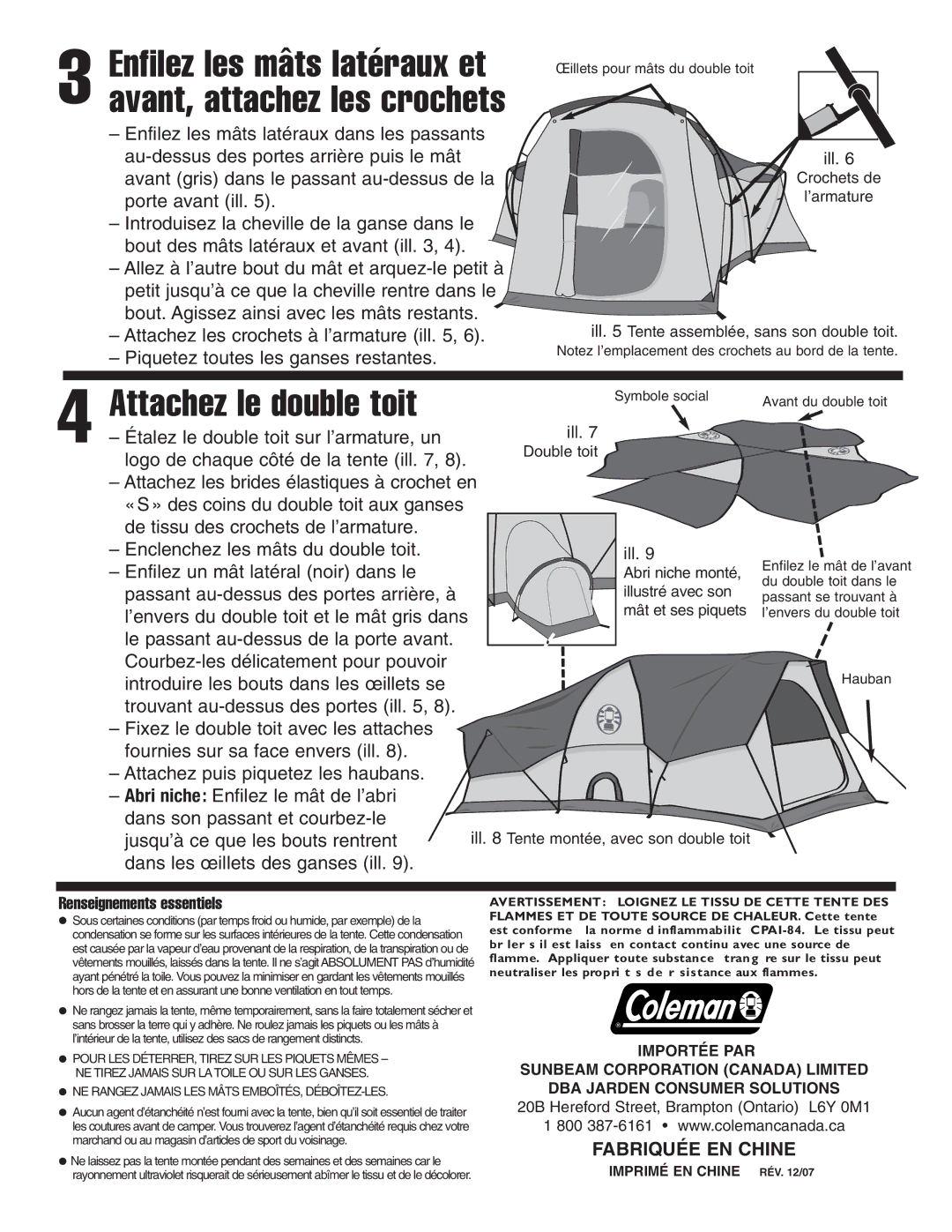 Coleman 9230-174c manual Attachez le double toit, Fabriquée EN Chine 