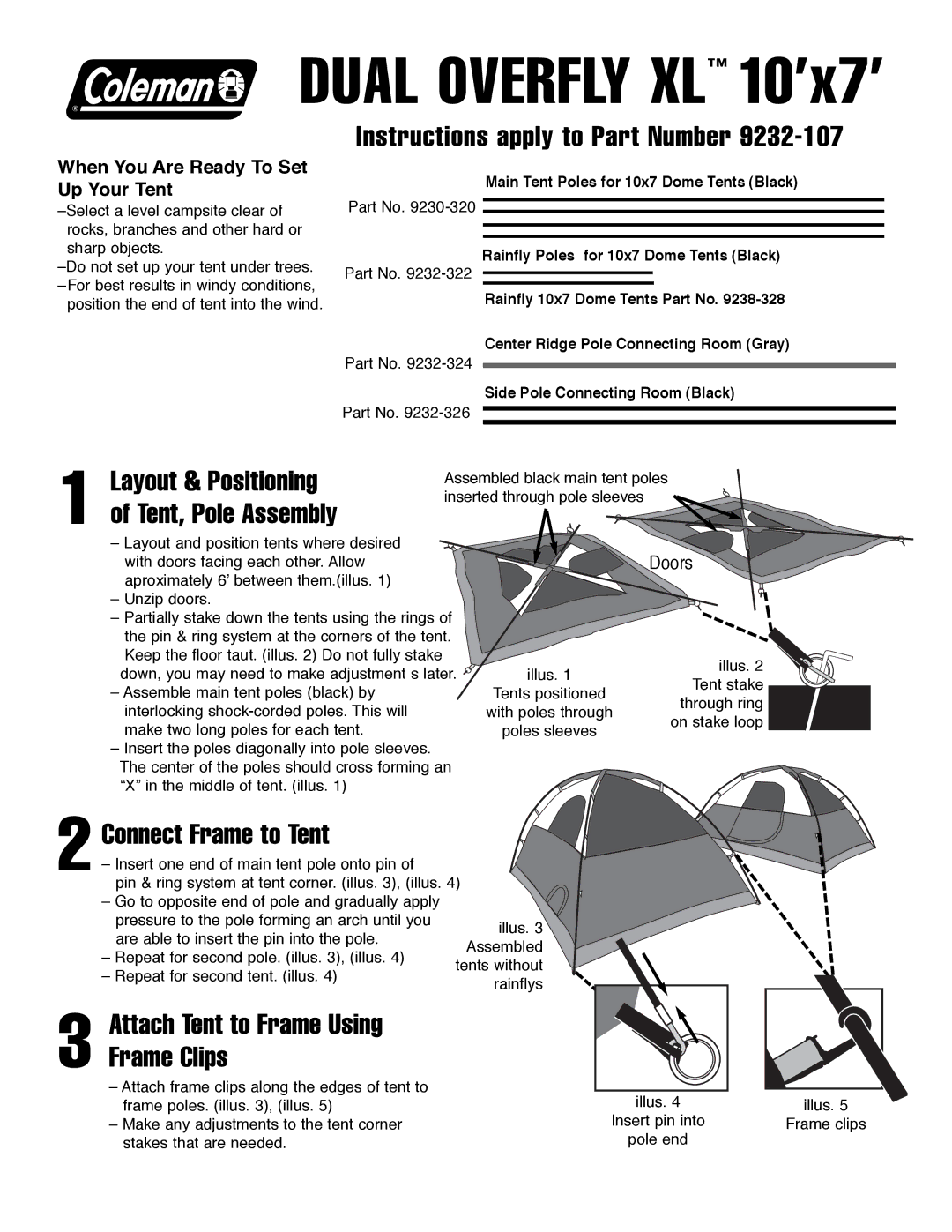 Coleman 9232-107 manual Instructions apply to Part Number, Connect Frame to Tent, Attach Tent to Frame Using Frame Clips 