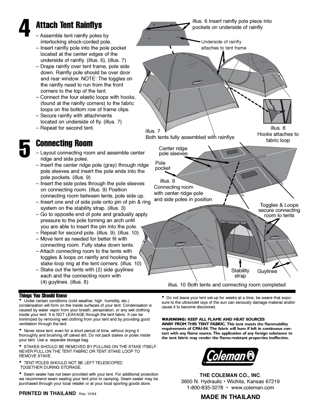 Coleman 9232-107 manual Attach Tent Rainflys, Connecting Room 