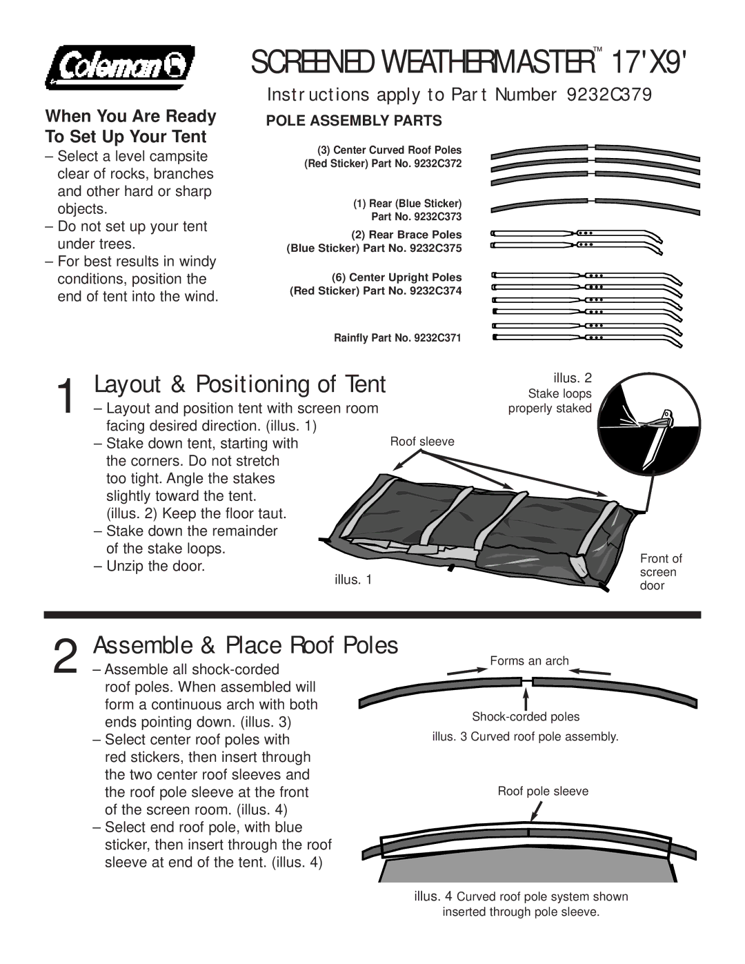 Coleman 9232C379 manual Screened Weathermaster, Assemble & Place Roof Poles, Layout & Positioning of Tent 