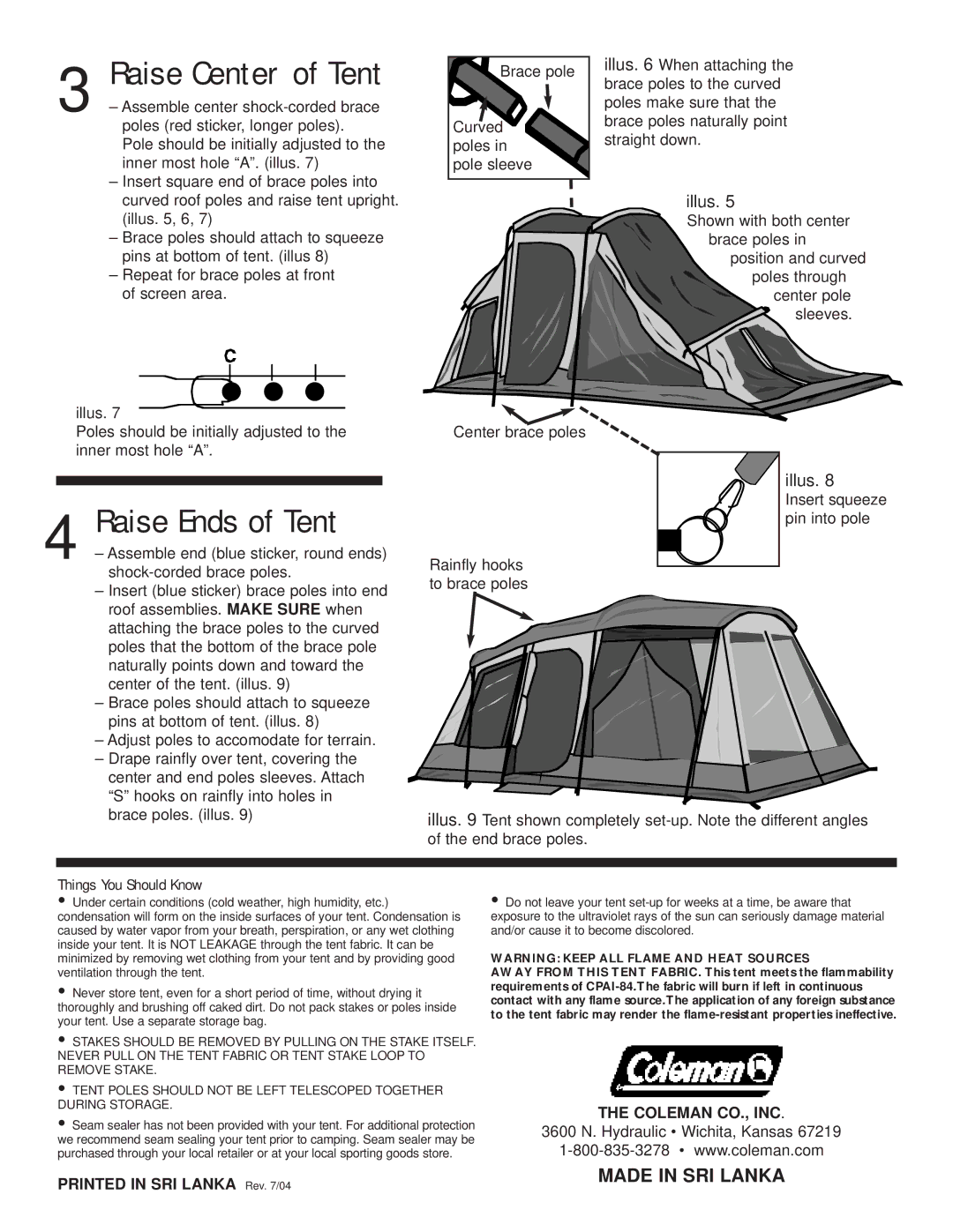 Coleman 9232C379 manual Raise Center of Tent, Raise Ends of Tent, Made in SRI Lanka, Things You Should Know 