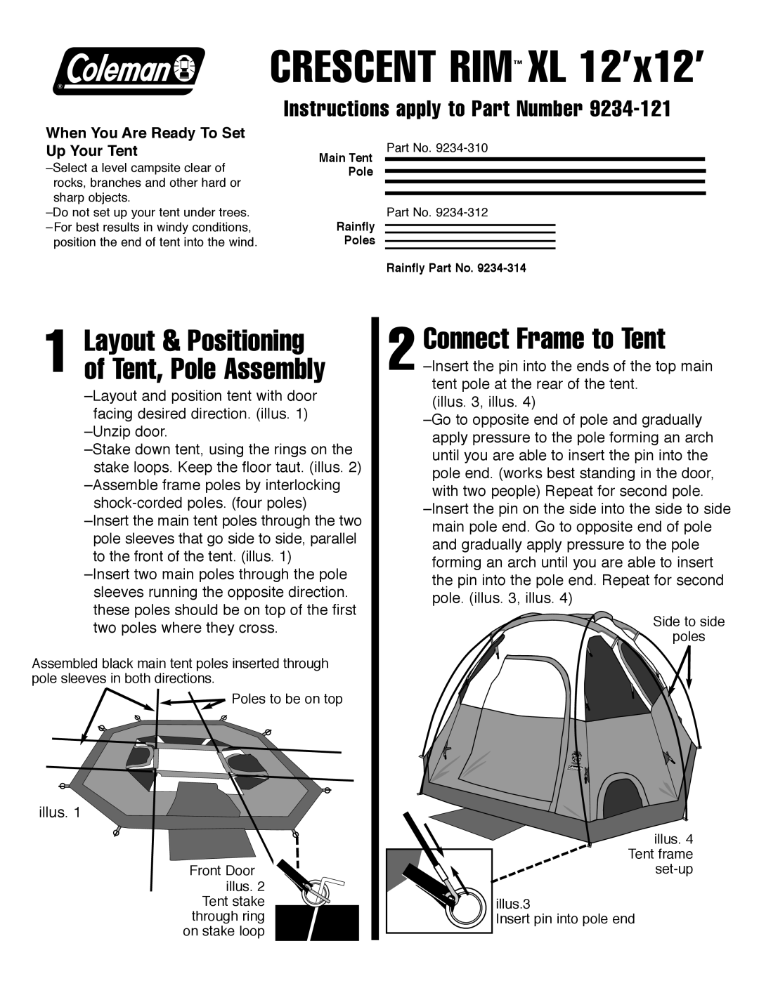 Coleman 9234-121 manual Crescent RIM XL 12’x12’, Connect Frame to Tent, Layout & Positioning of Tent, Pole Assembly, Illus 