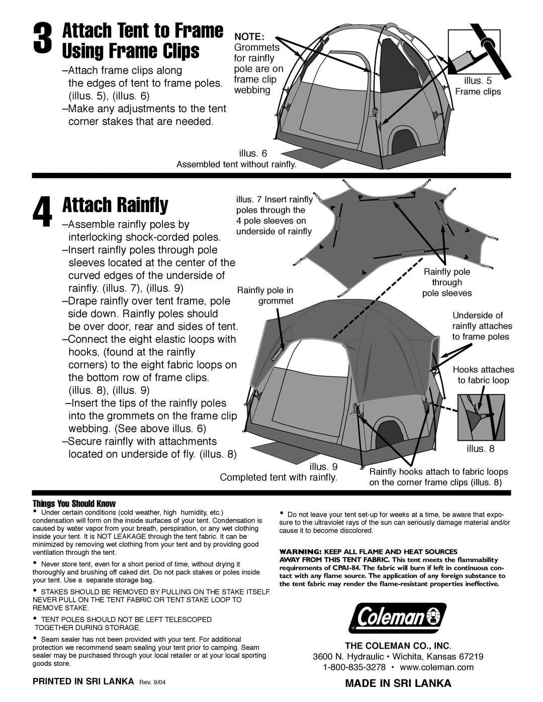 Coleman 9234-121 manual Attach Rainfly, Attach Tent to Frame Using Frame Clips, Located on underside of fly. illus, Illus 