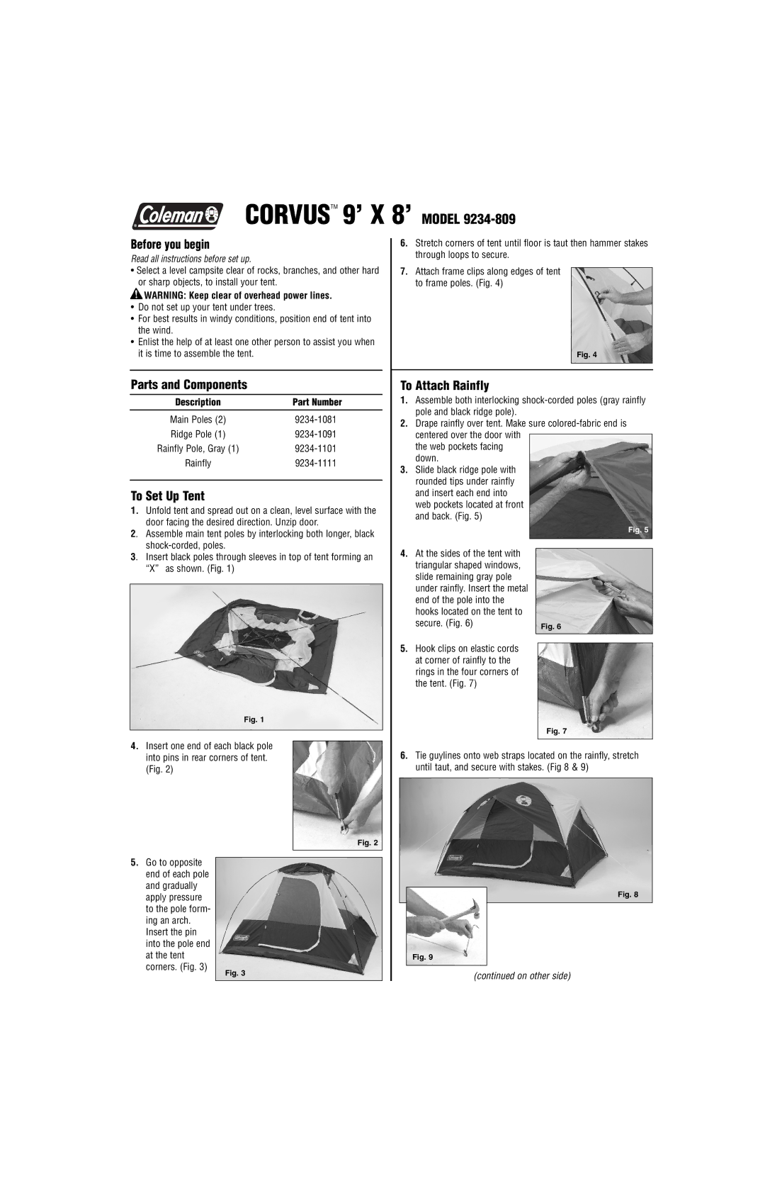 Coleman 9234-809 manual Before you begin, Parts and Components, To Set Up Tent, To Attach Rainfly 