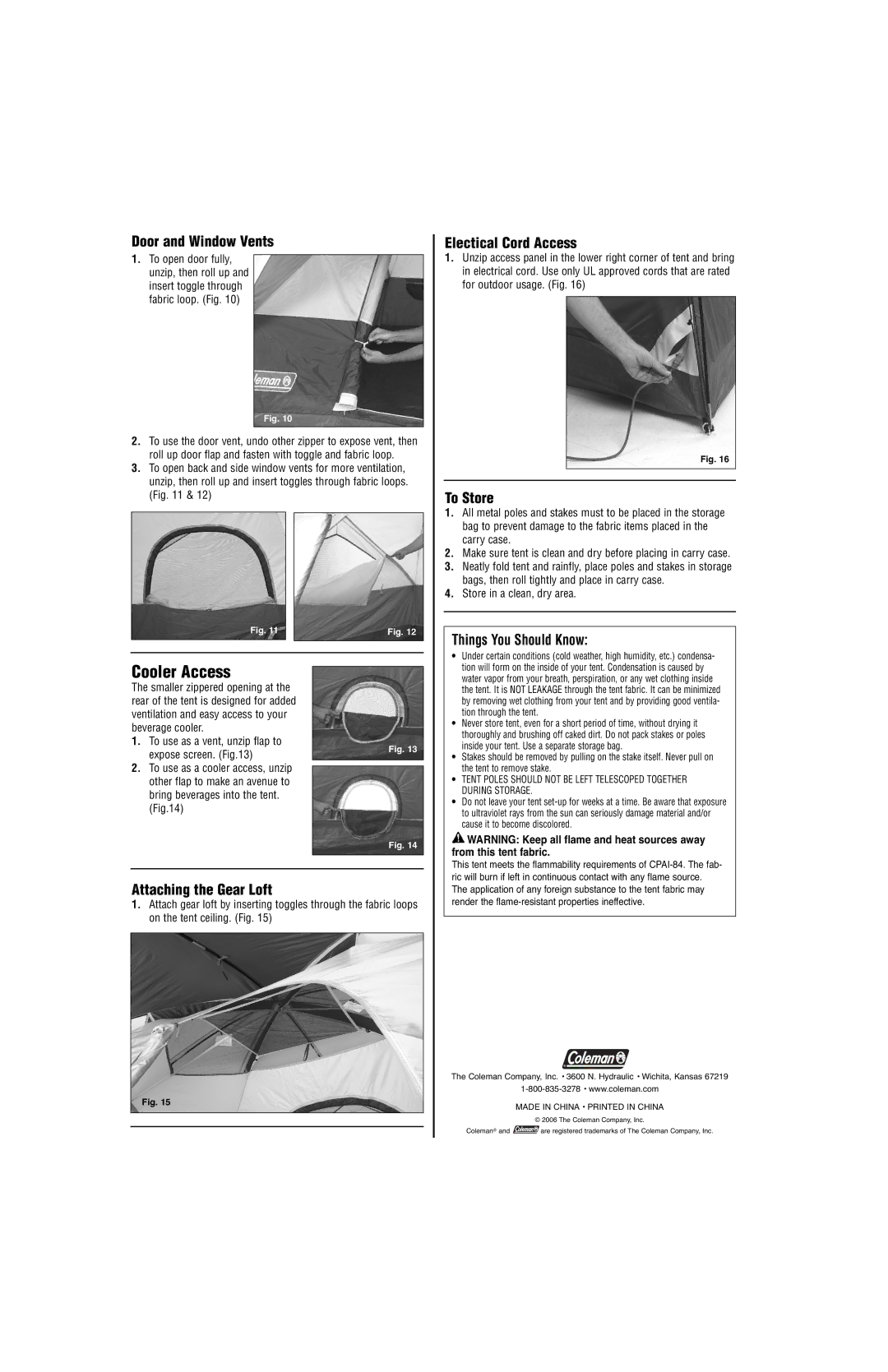 Coleman 9234-809 Door and Window Vents, Attaching the Gear Loft, Electical Cord Access, To Store, Things You Should Know 