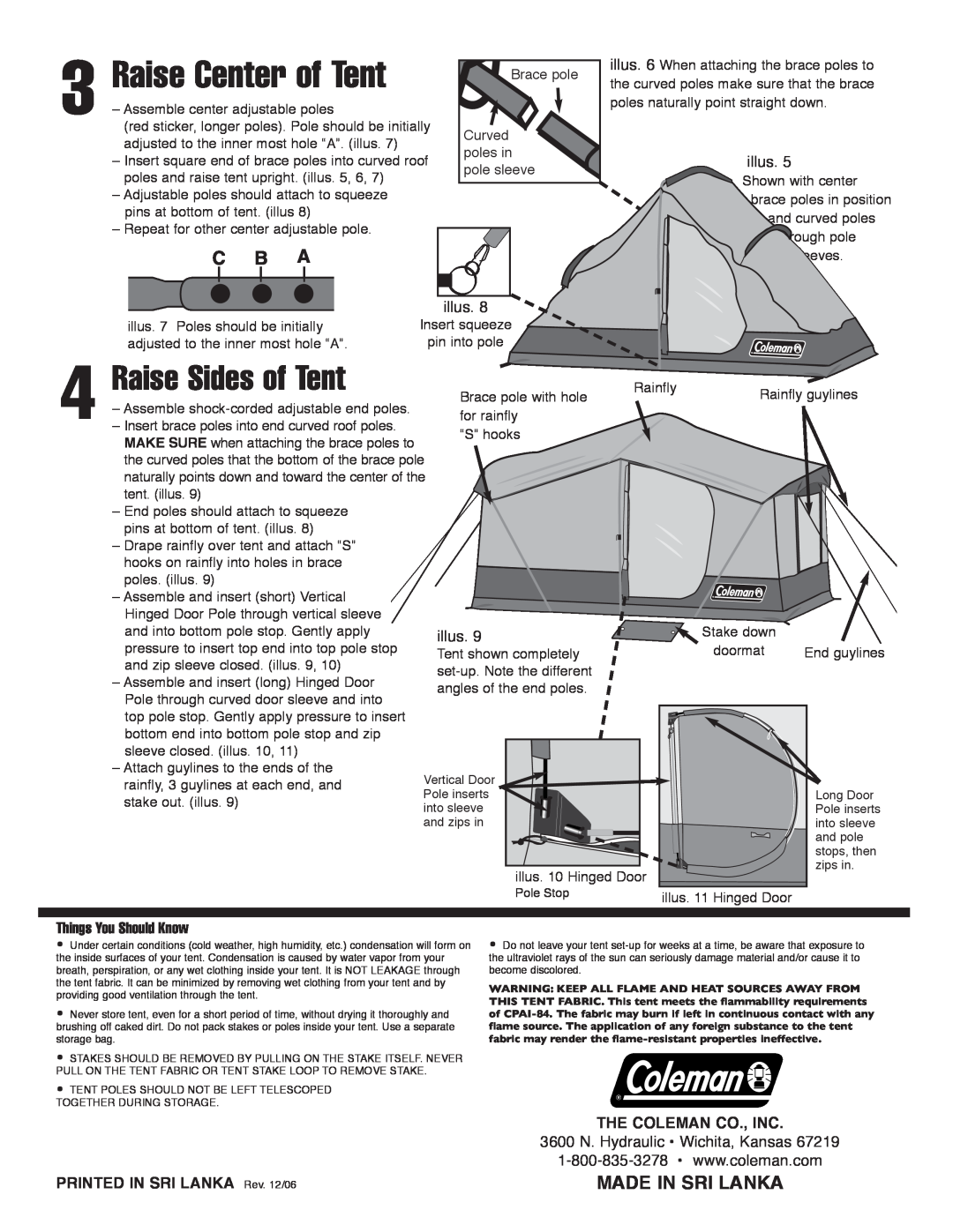 Coleman 923D129 manual Raise Sides of Tent, Made In Sri Lanka, Raise Center of Tent, illus, Things You Should Know 