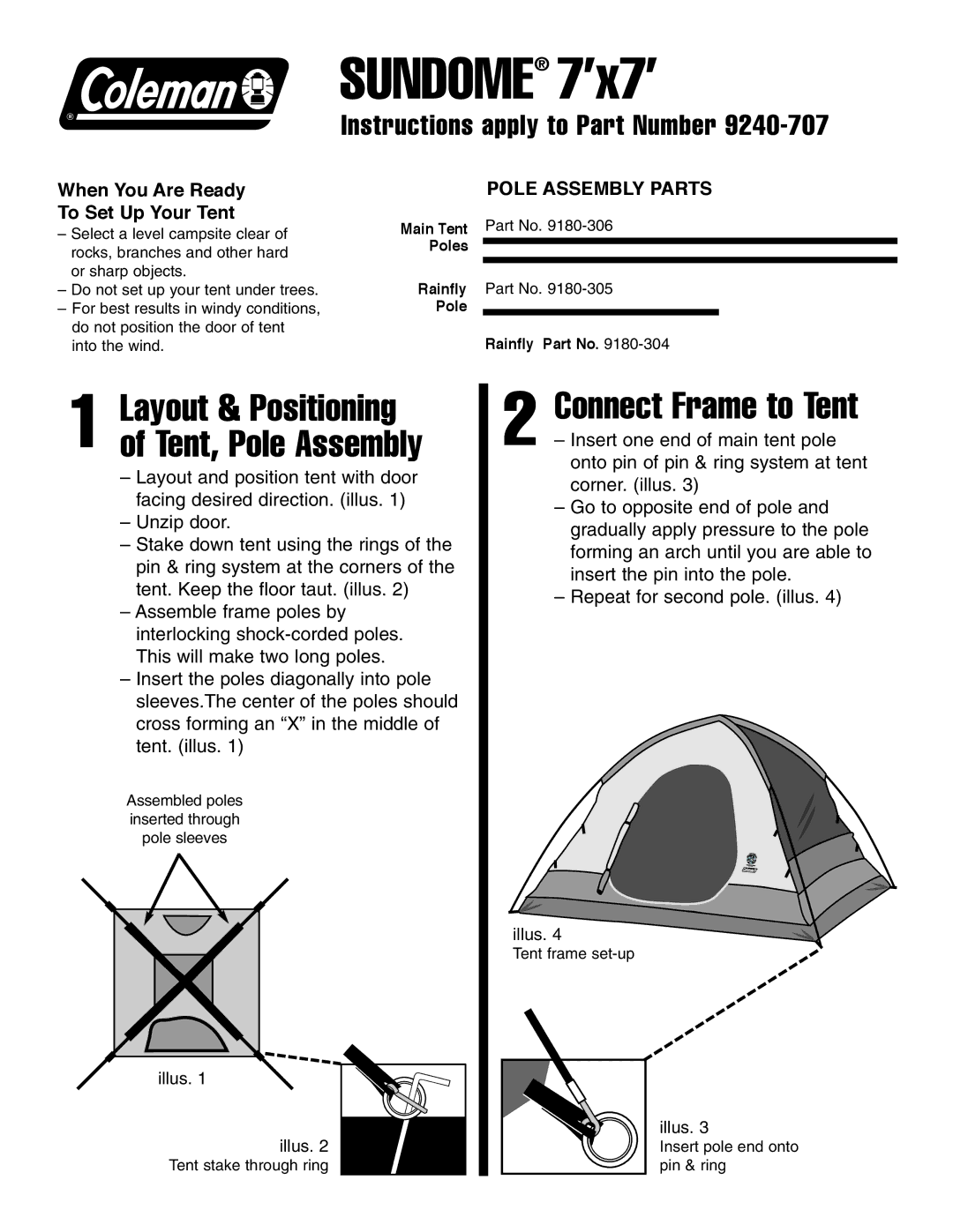 Coleman 9180-305, 9240-707 manual Sundome 7’x7’, Connect Frame to Tent, Layout & Positioning of Tent, Pole Assembly 