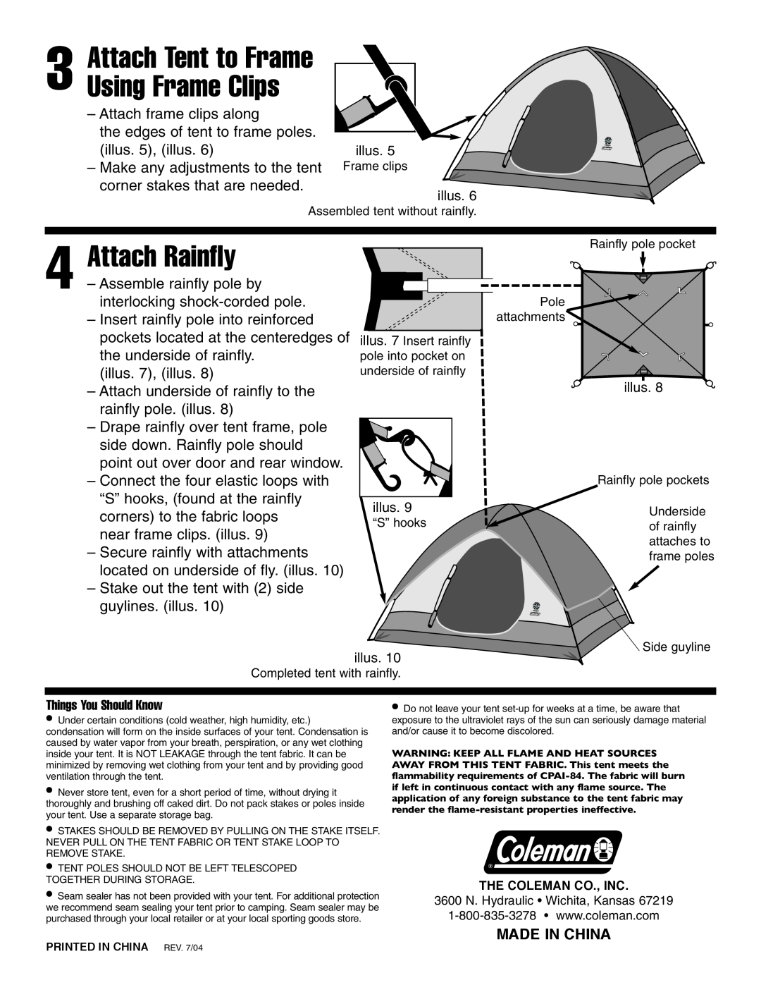 Coleman 9180-304, 9240-707, 9180-305, 9180-306 manual Attach Rainfly, Attach Tent to Frame Using Frame Clips, Made In China 