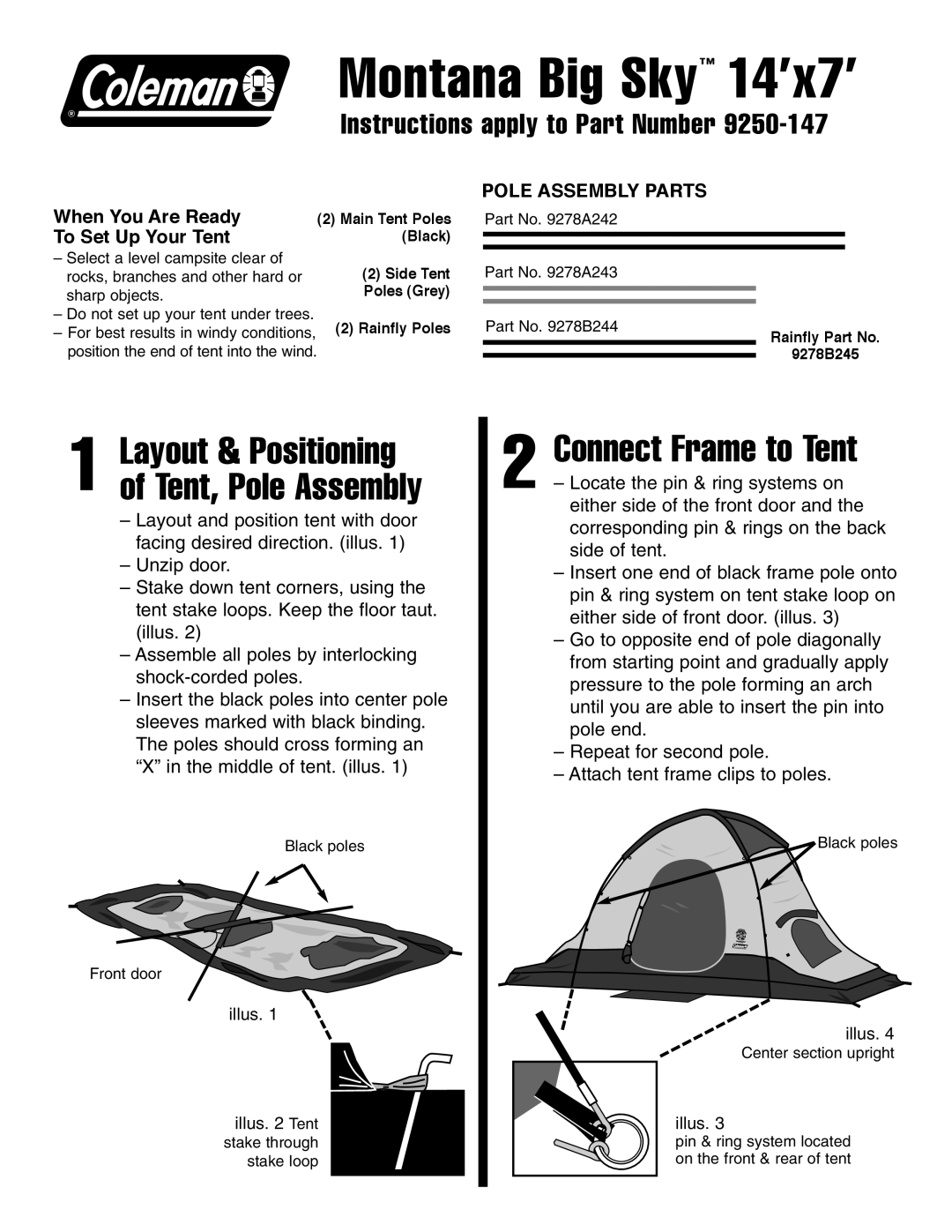 Coleman 9250-147 manual Connect Frame to Tent, When You Are Ready To Set Up Your Tent, Pole Assembly Parts 