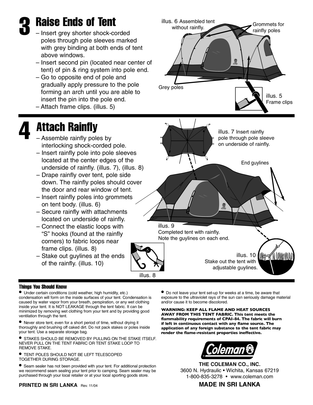Coleman 9250-147 manual Raise Ends of Tent, Attach Rainfly, Made In Sri Lanka 