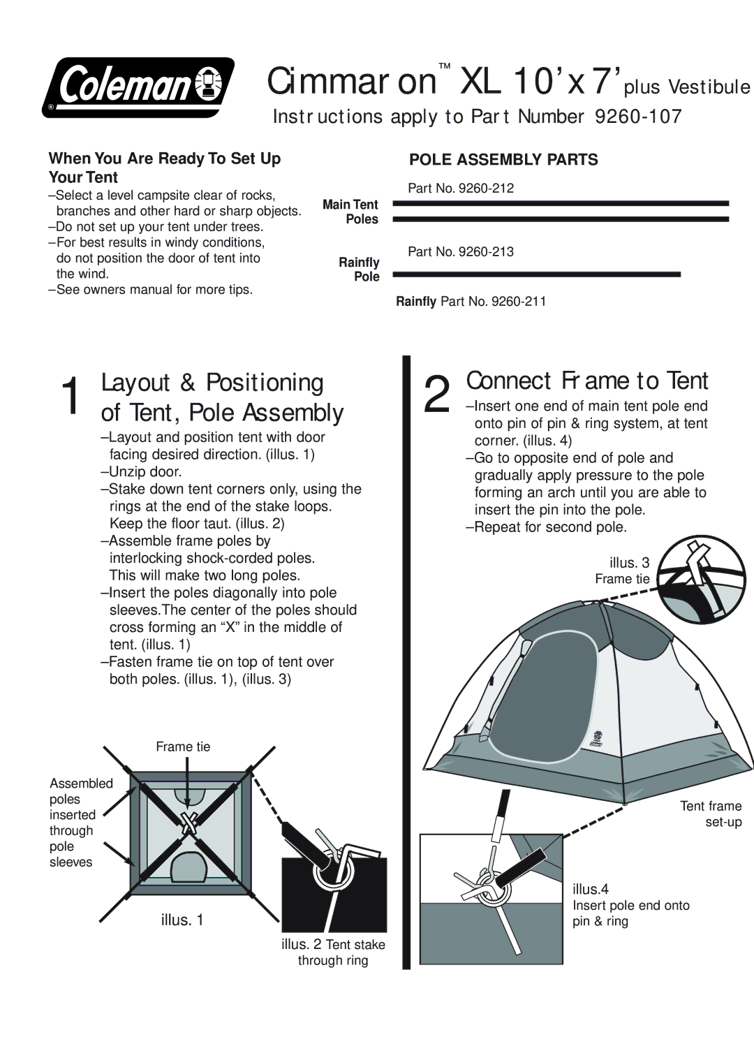 Coleman 9260-212 owner manual Cimmaron XL 10’x 7’plus Vestibule, Connect Frame to Tent, Instructions apply to Part Number 