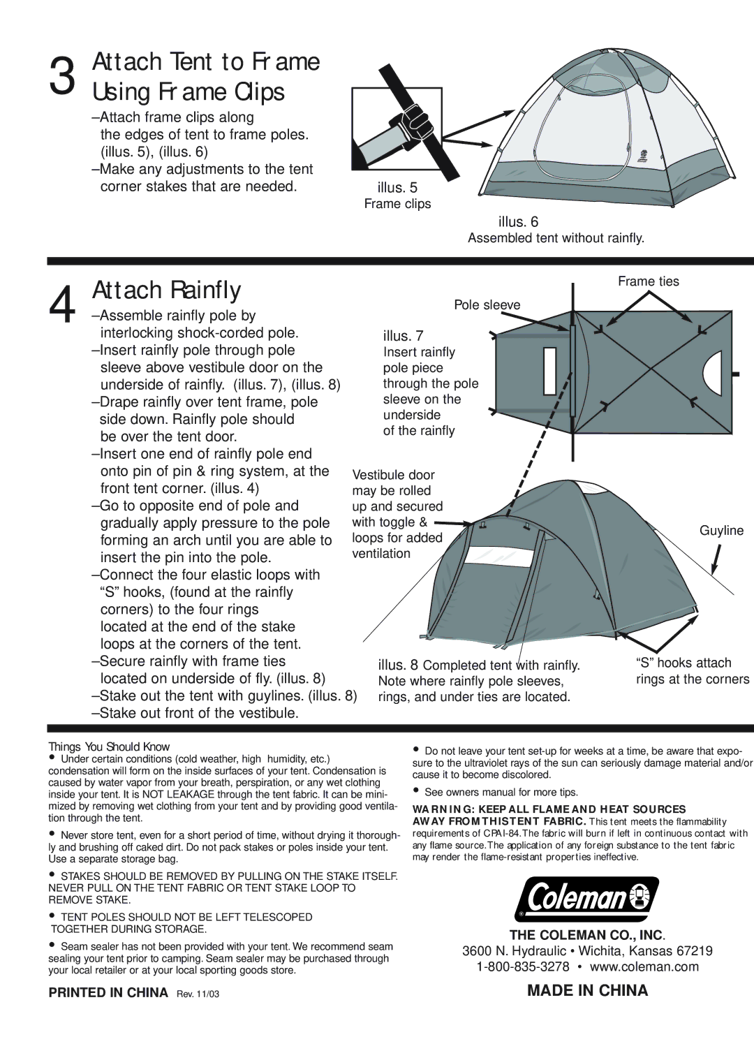 Coleman 9260-213, 9260-107, 9260-212, 9260-211 owner manual Attach Rainfly, Attach Tent to Frame Using Frame Clips 