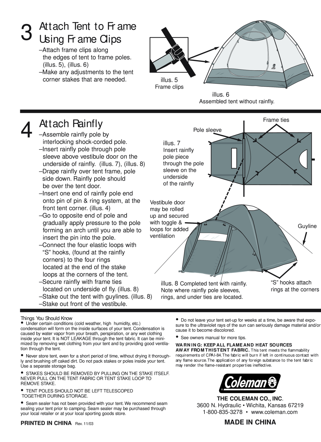 Coleman 9260-213, 9260-107, 9260-212, 9260-211 Attach Tent to Frame Using Frame Clips, Made In China, Attach Rainfly 
