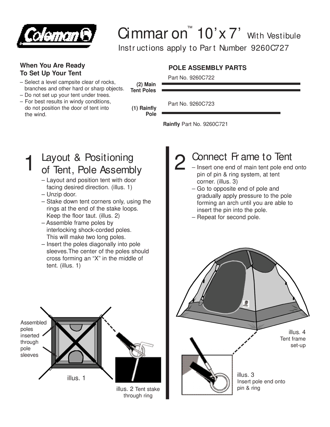 Coleman manual Cimmaron 10’x 7’ With Vestibule, Connect Frame to Tent, Instructions apply to Part Number 9260C727 