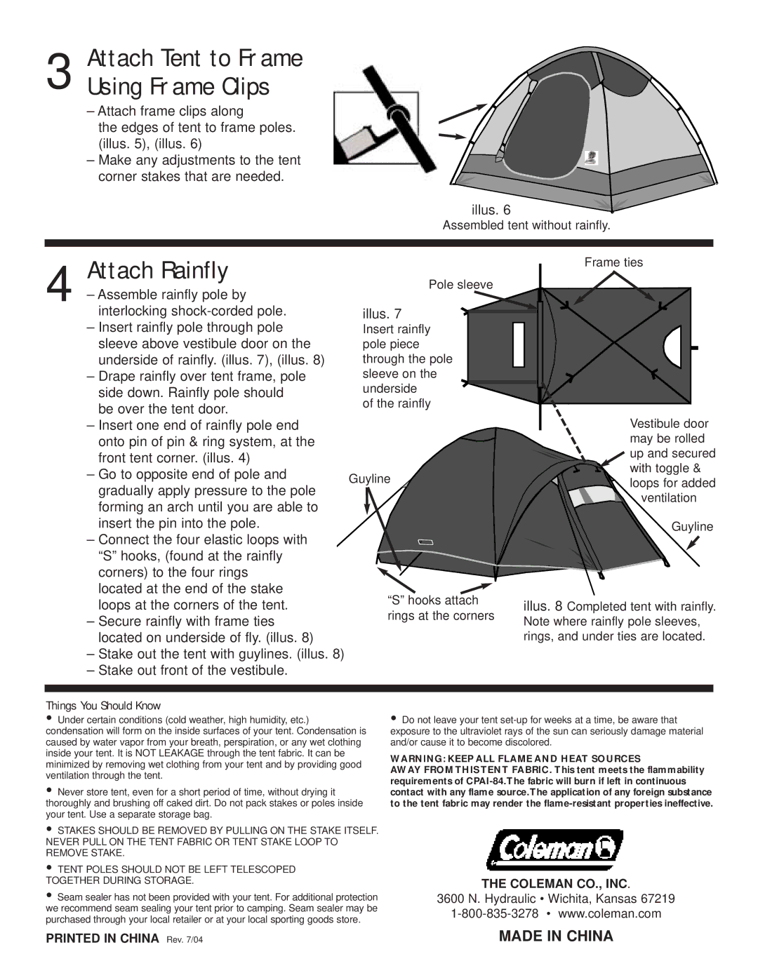 Coleman 9260C727 manual Attach Rainfly, Attach Tent to Frame Using Frame Clips, Things You Should Know 