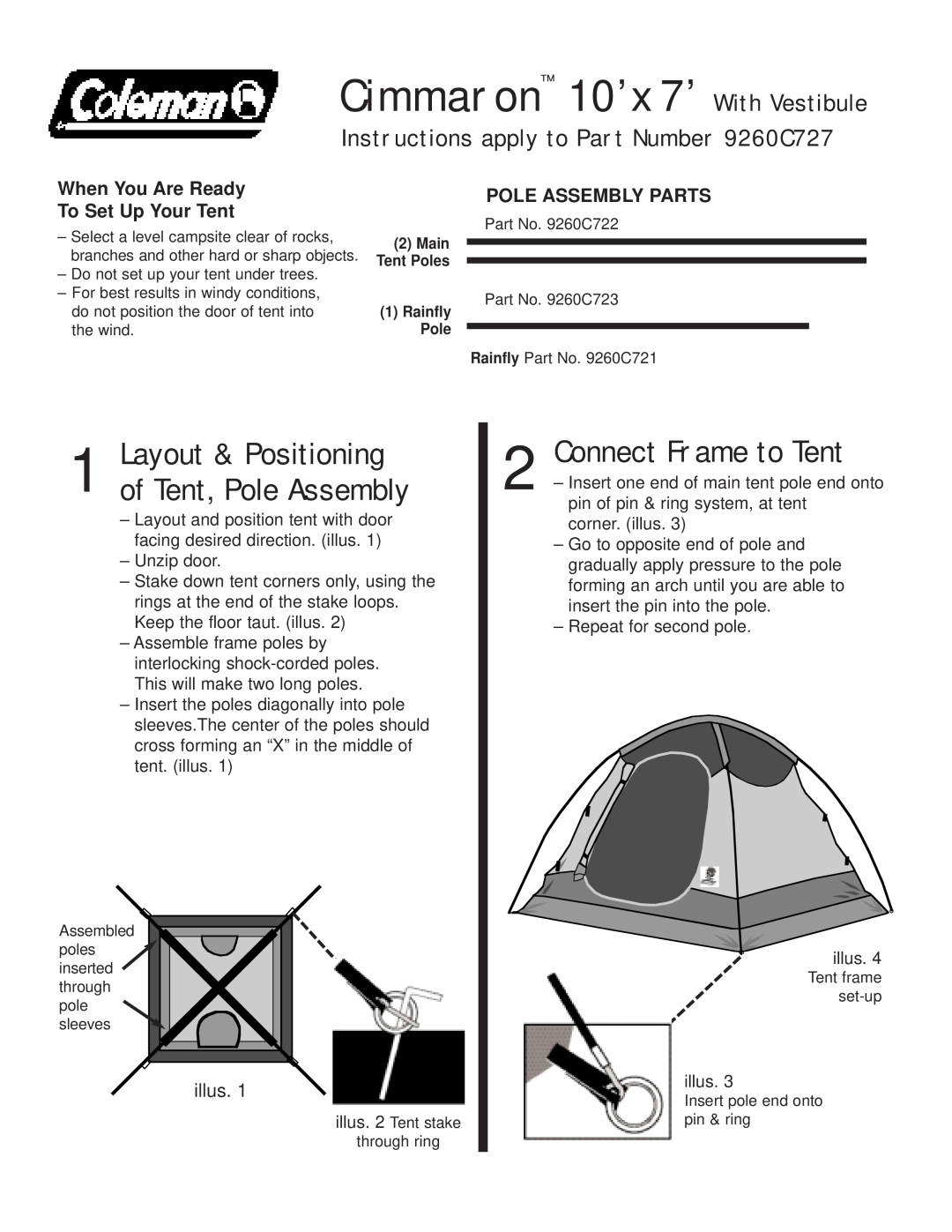 Coleman manual Connect Frame to Tent, Instructions apply to Part Number 9260C727, Pole Assembly Parts, illus 