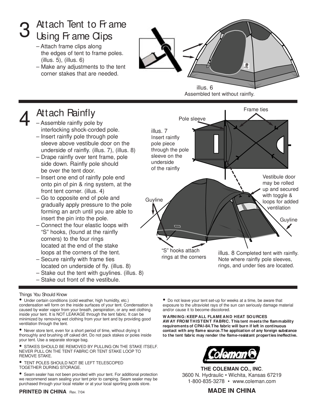 Coleman 9260C727 manual Attach Rainfly, Attach Tent to Frame Using Frame Clips, Made In China 