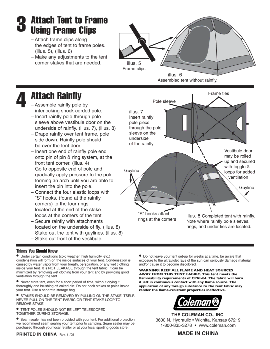 Coleman 9260D727 Attach Rainfly, Attach Tent to Frame Using Frame Clips, Assemble rainfly pole by, Things You Should Know 