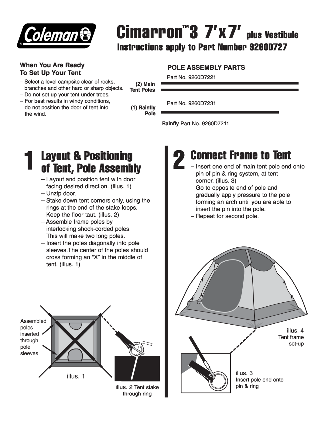 Coleman manual Connect Frame to Tent, Instructions apply to Part Number 9260D727, Pole Assembly Parts, illus 