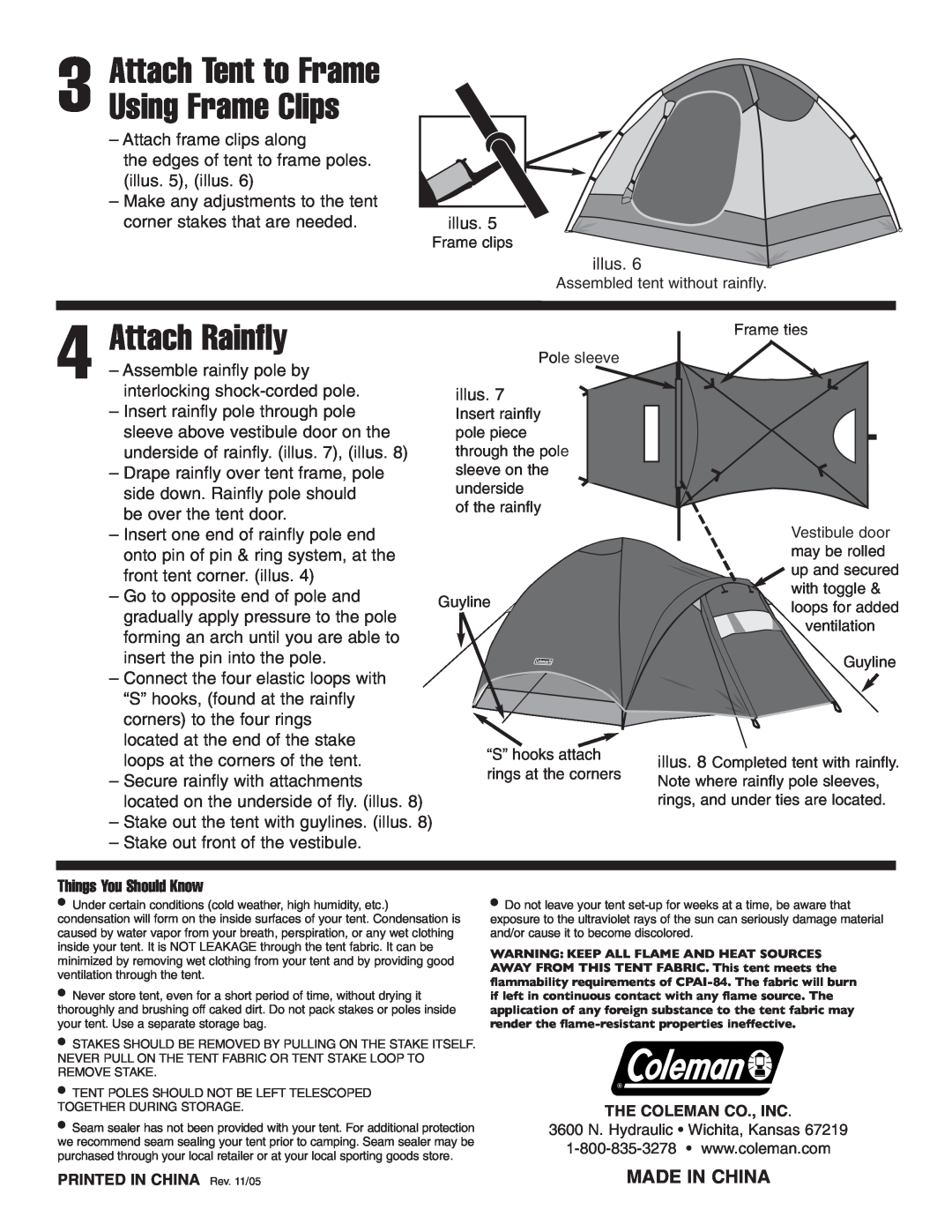 Coleman 9260D727 manual Attach Rainfly, Attach Tent to Frame Using Frame Clips, Made In China 