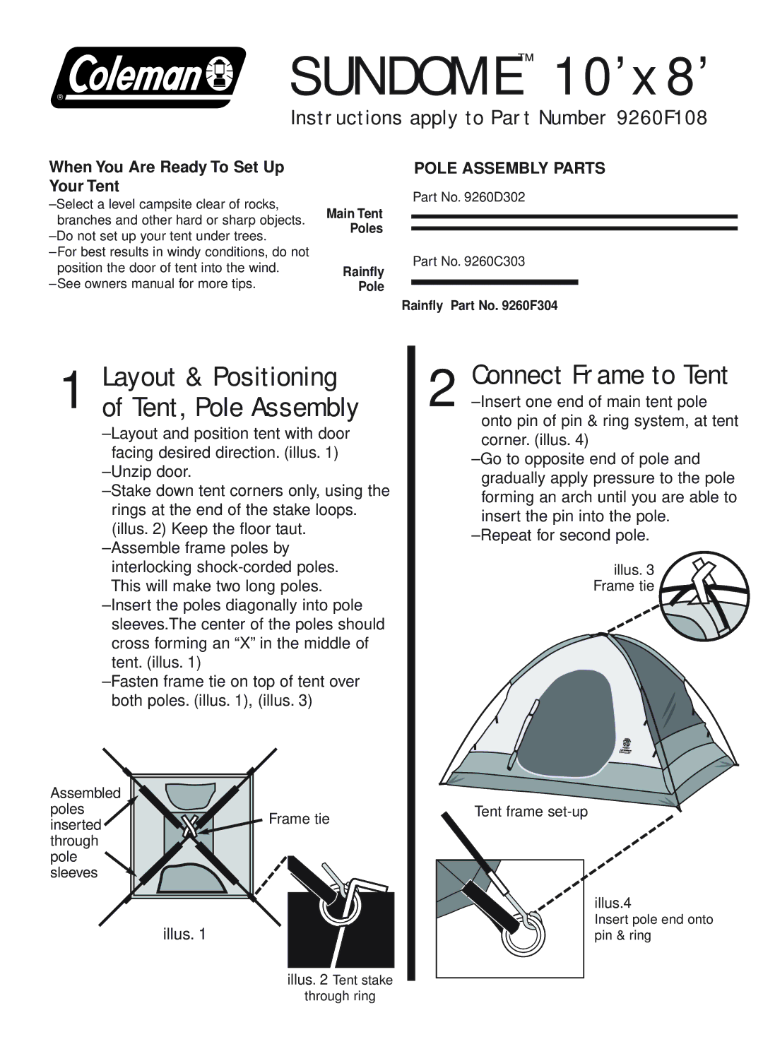 Coleman 9260F304 owner manual Sundome 10’x 8’, Connect Frame to Tent, Layout & Positioning of Tent, Pole Assembly 