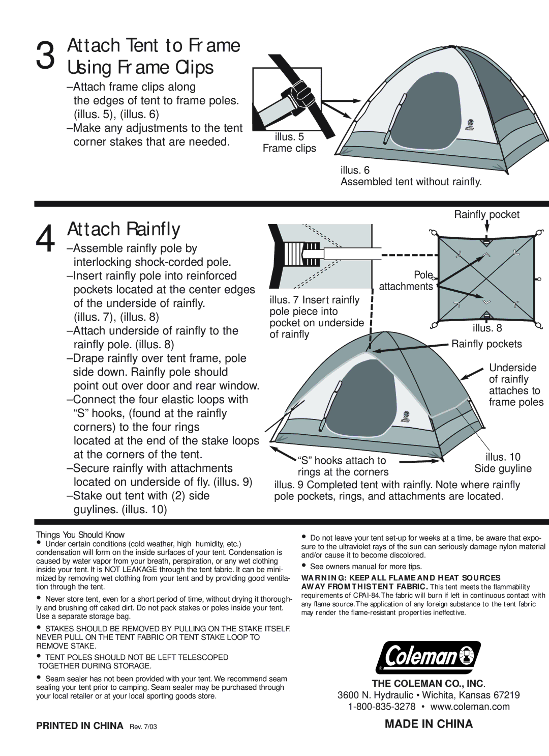 Coleman 9260F304 owner manual Attach Rainfly, Attach Tent to Frame Using Frame Clips 