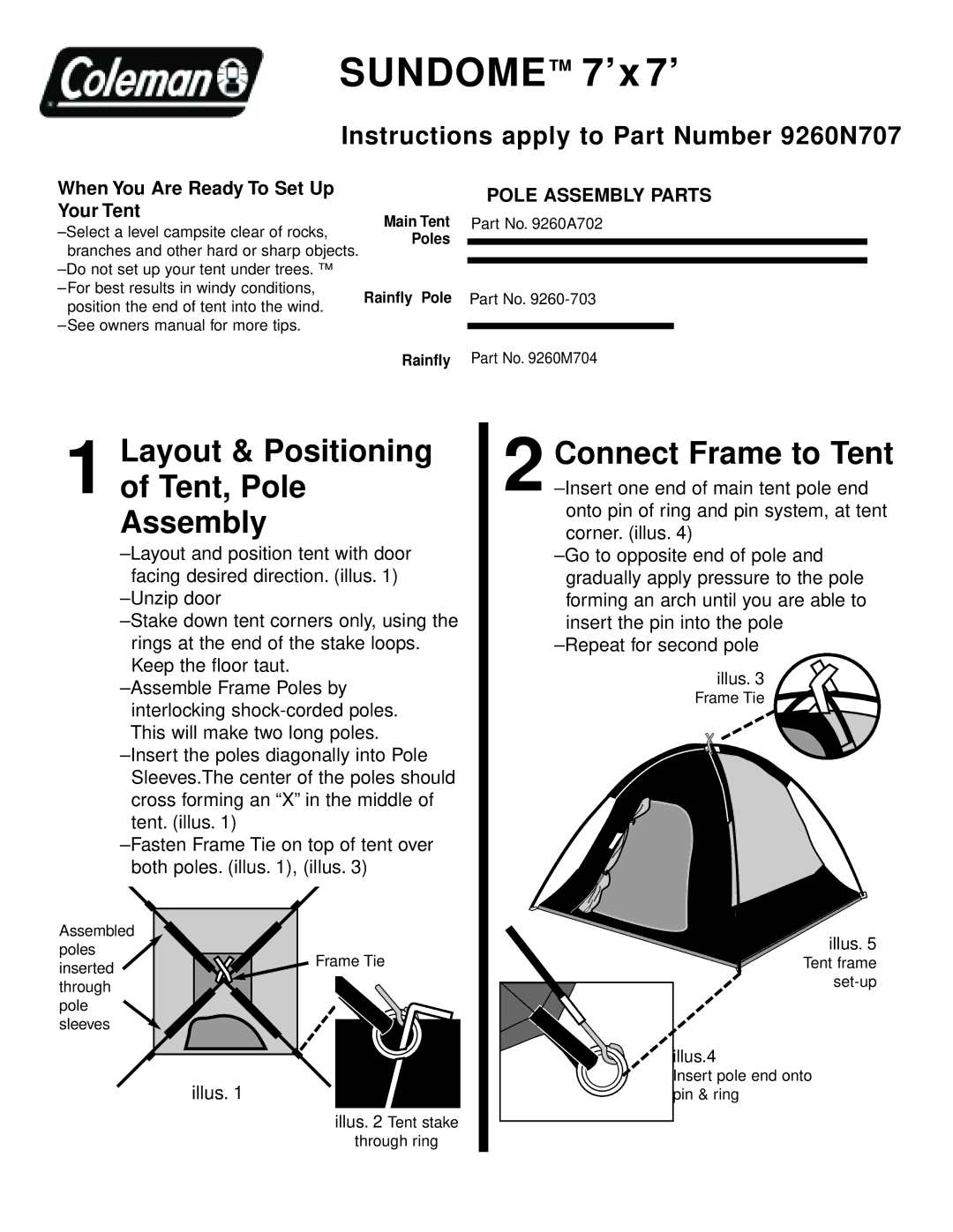 Coleman 9260A702, 9260M704 owner manual Sundome 7’x 7’, Layout & Positioning Tent, Pole Assembly, Connect Frame to Tent 