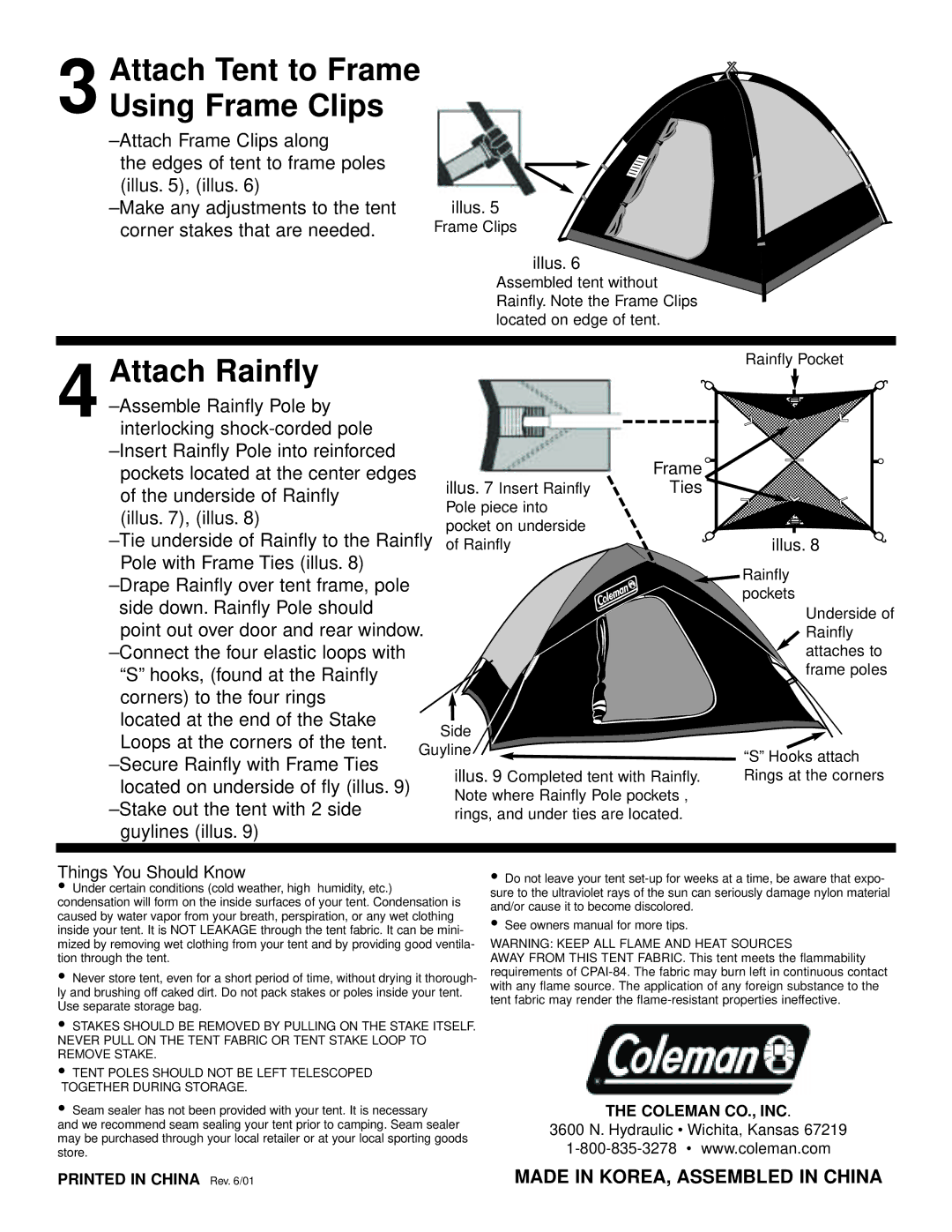 Coleman 9260N707 Attach Rainfly, Attach Tent to Frame Using Frame Clips, Frame Ties Illus, Things You Should Know 