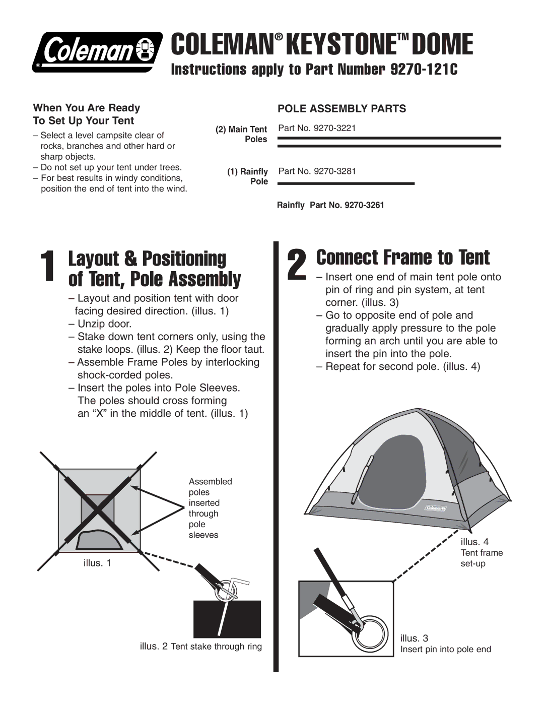 Coleman manual Coleman Keystonetm Dome, Instructions apply to Part Number 9270-121C 