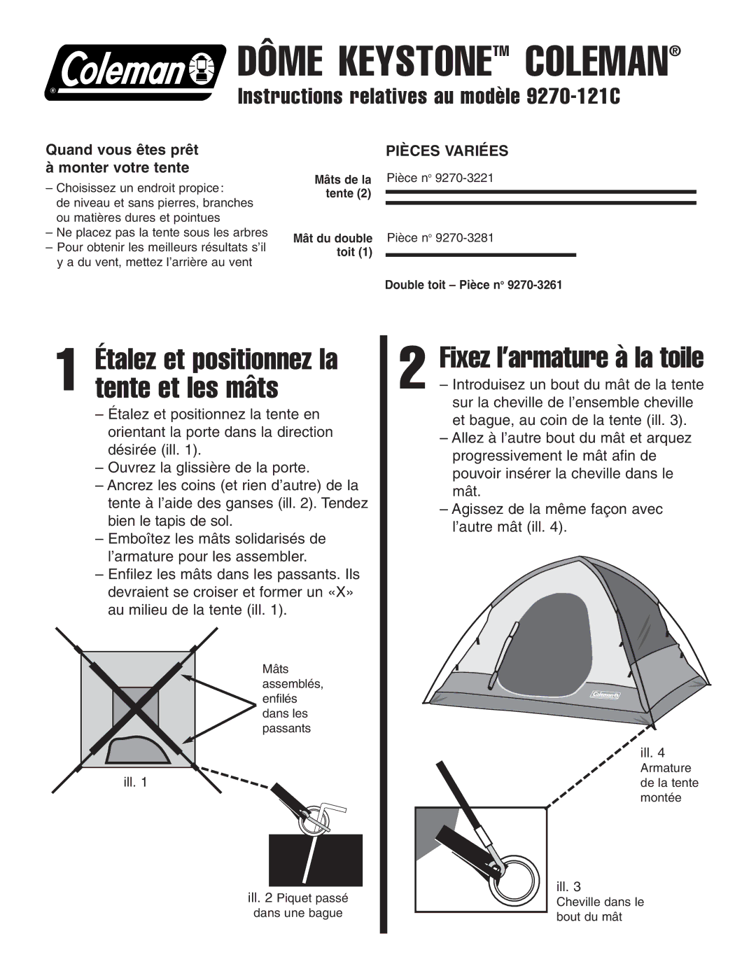 Coleman 9270-121C manual Dôme Keystonetm Coleman, Étalez et positionnez la tente et les mâts 