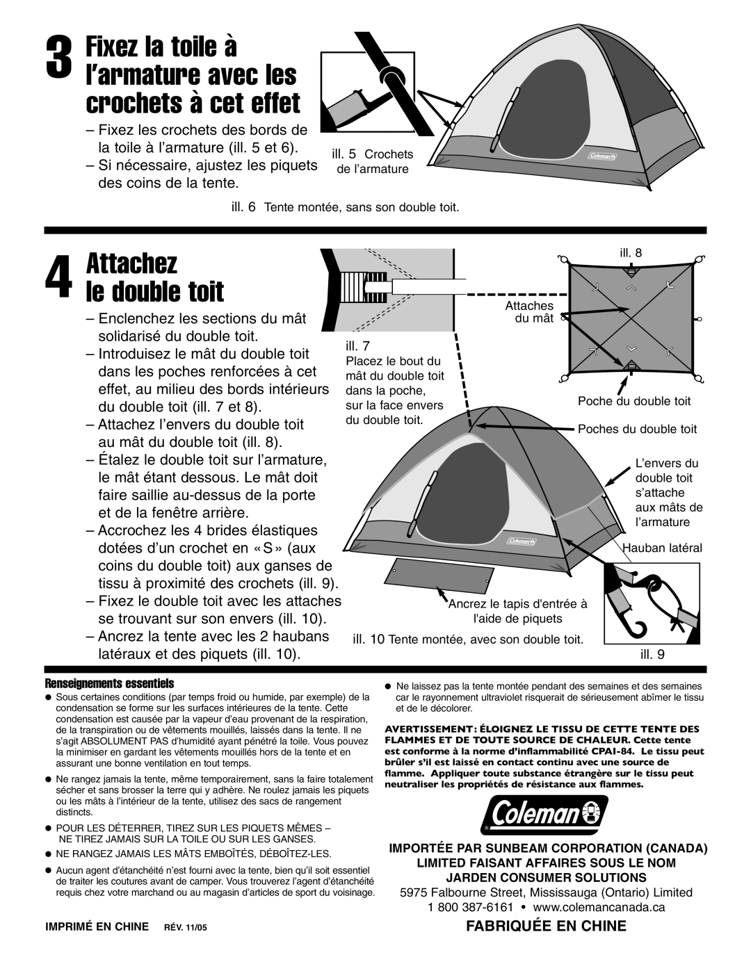 Coleman 9270-121C manual Fixez la toile à, Attachezle double toit, Renseignements essentiels 