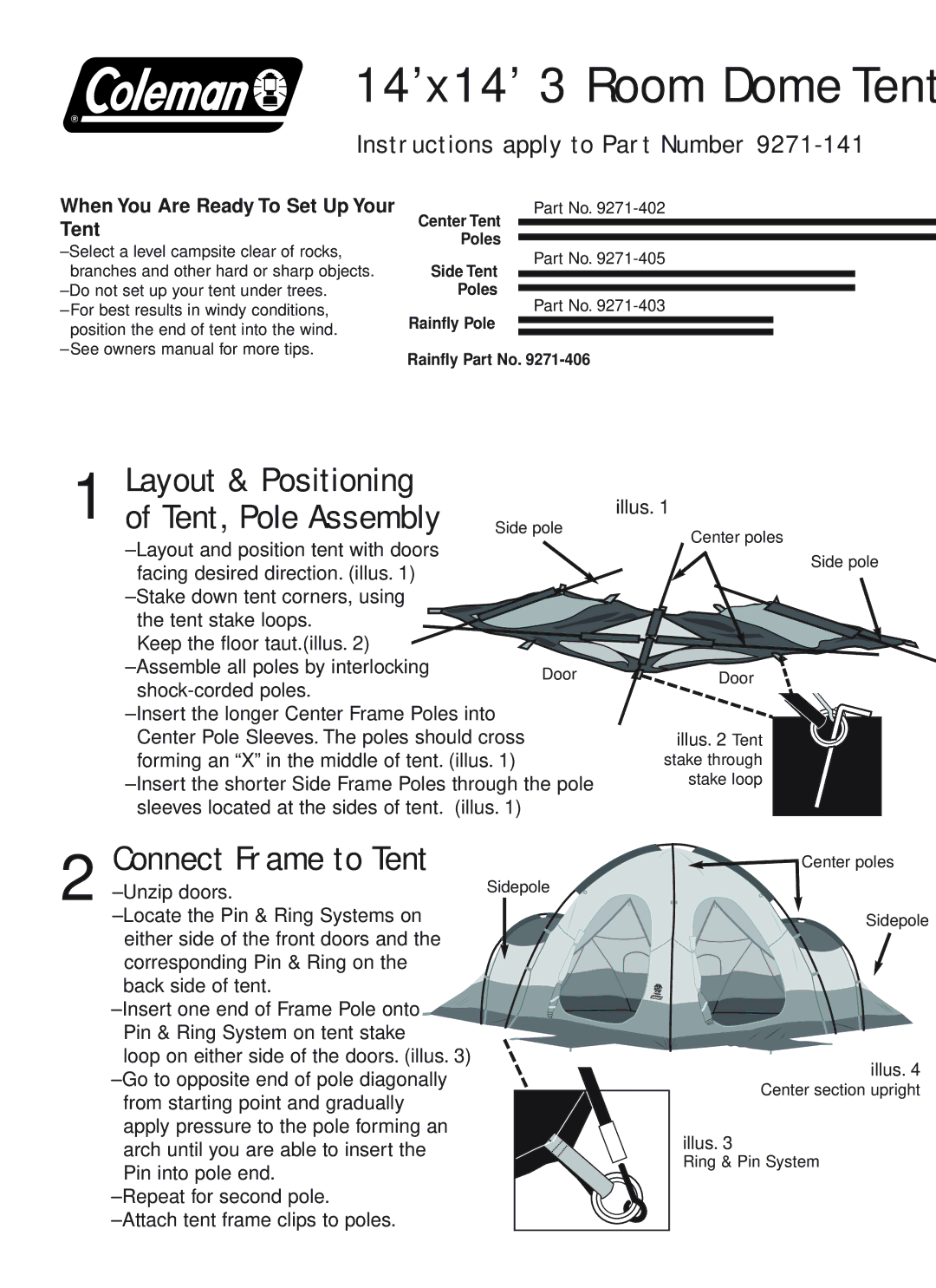 Coleman 9271-141 owner manual 14’x14’ 3 Room Dome Tent, Layout & Positioning, Connect Frame to Tent, Tent, Pole Assembly 