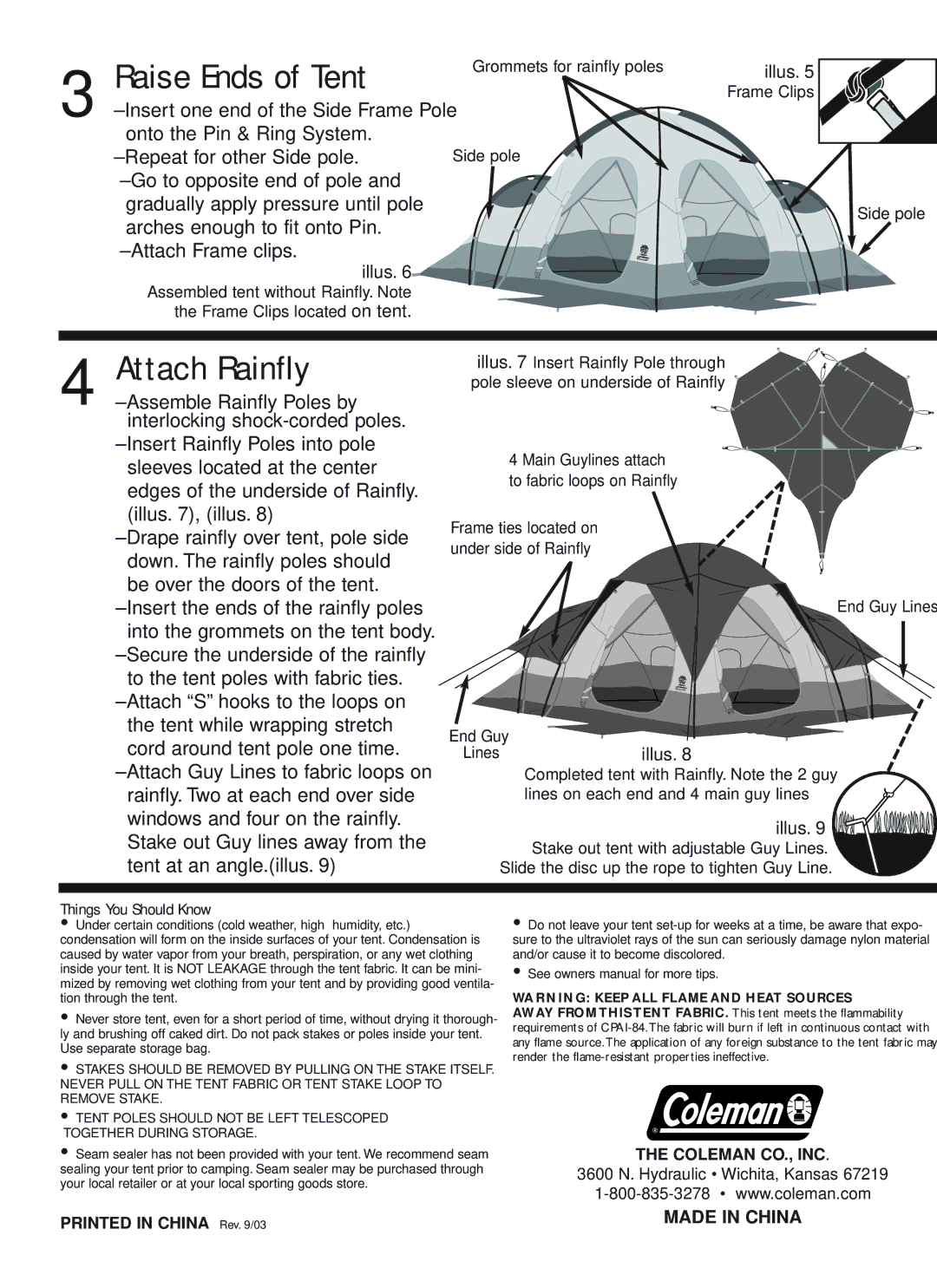 Coleman 9271-141 owner manual Raise Ends of Tent, Attach Rainfly, Things You Should Know 